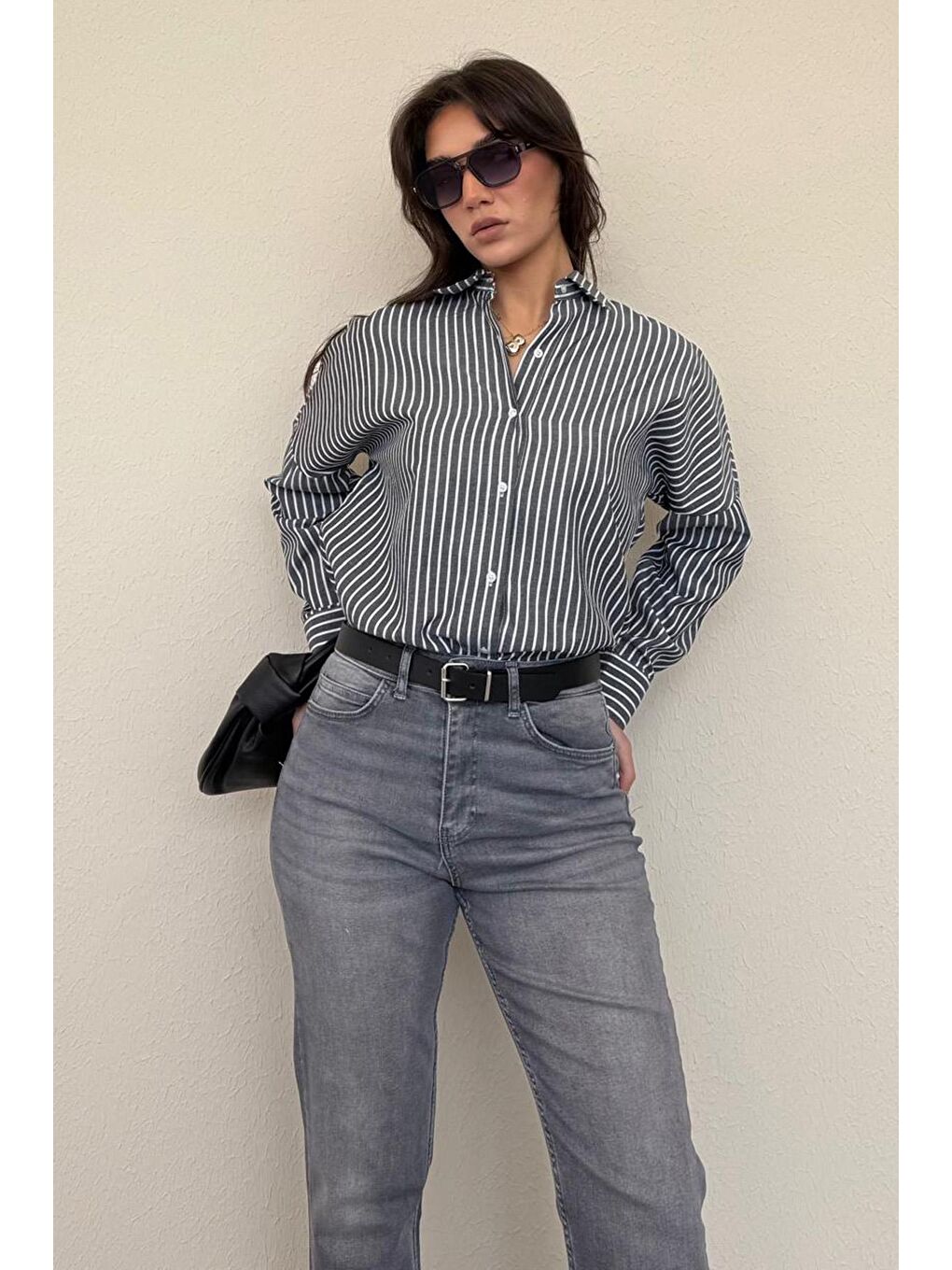 Siyah Çizgili Kadın Gömlek Mg2410-1