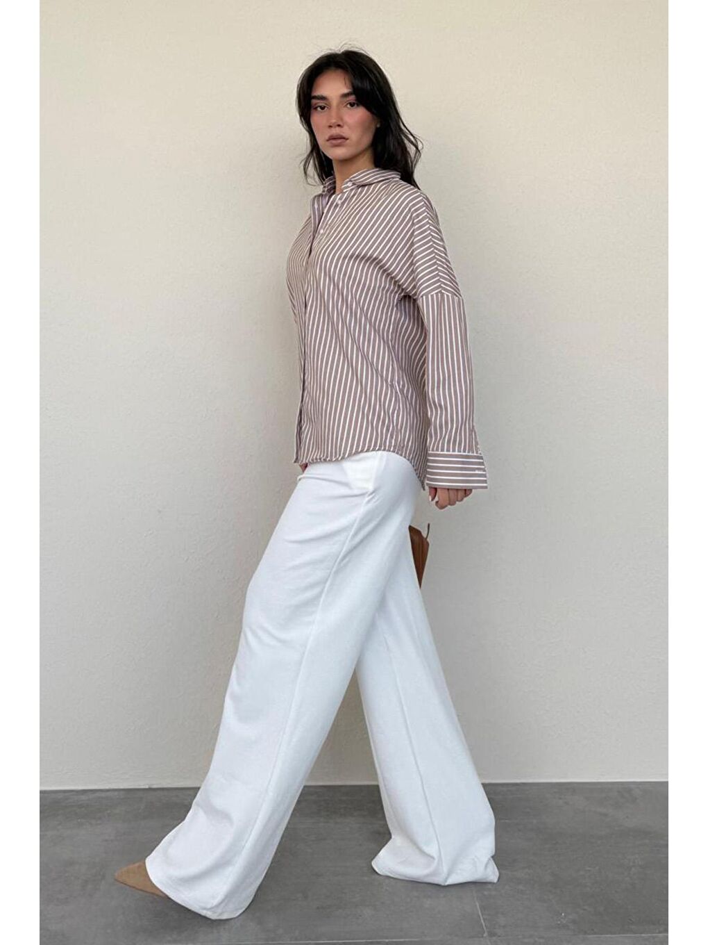 Kahverengi Camel Çizgili Kadın Gömlek Mg2410-2