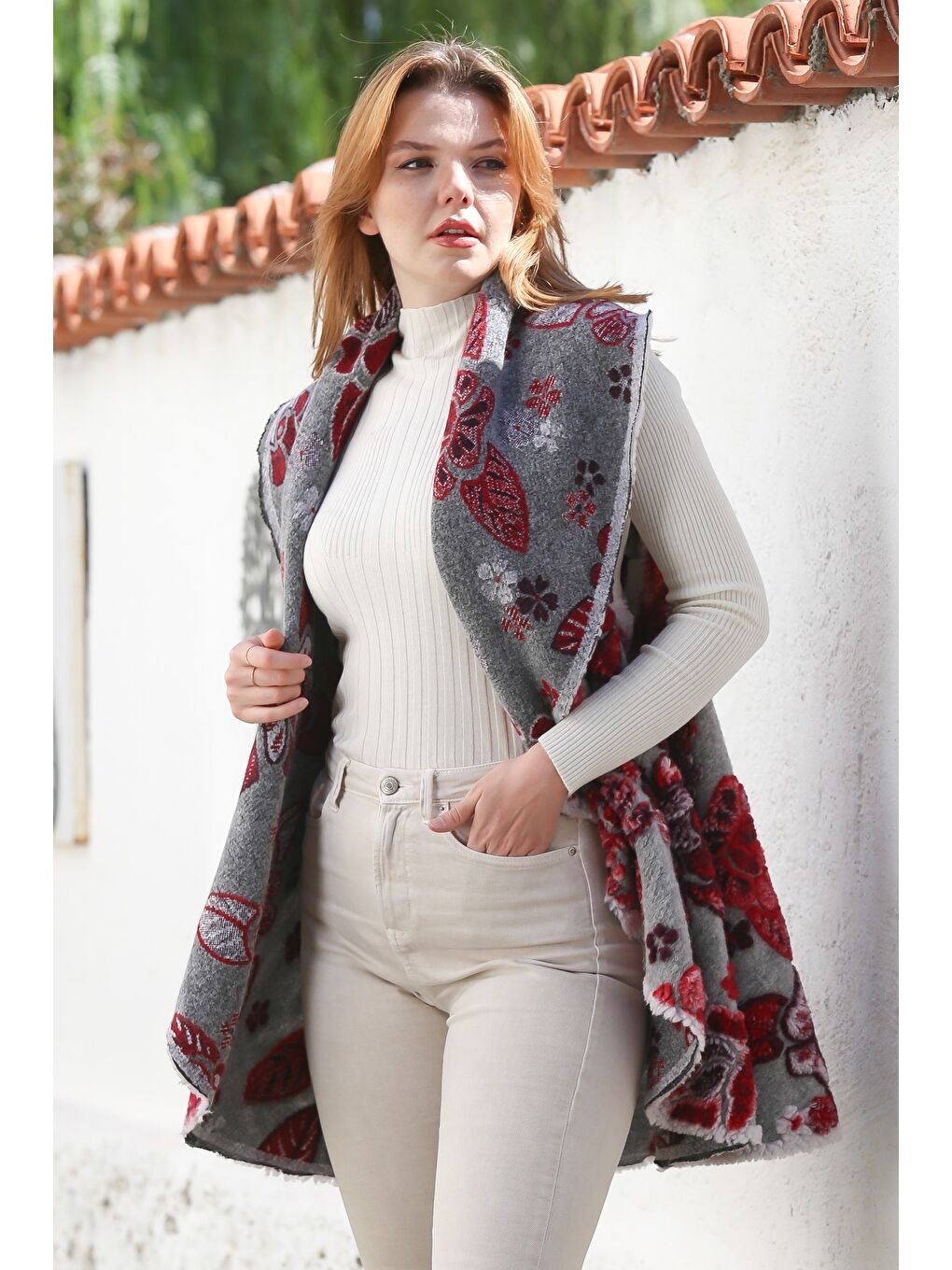 İtalyan Gri Şal Yaka Kolsuz Çiçekli Casual Keçe Kumaş Dokuma Yelek 87 66-3