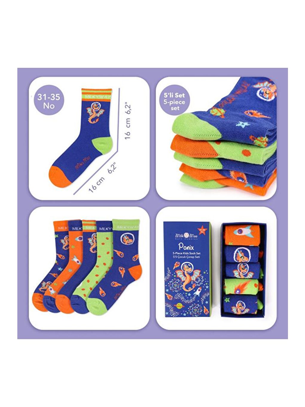 Karışık Ponix Çocuk 5'li Çorap Seti, 31-35 Numara, Yumuşak ve Eğlenceli Tasarım-2