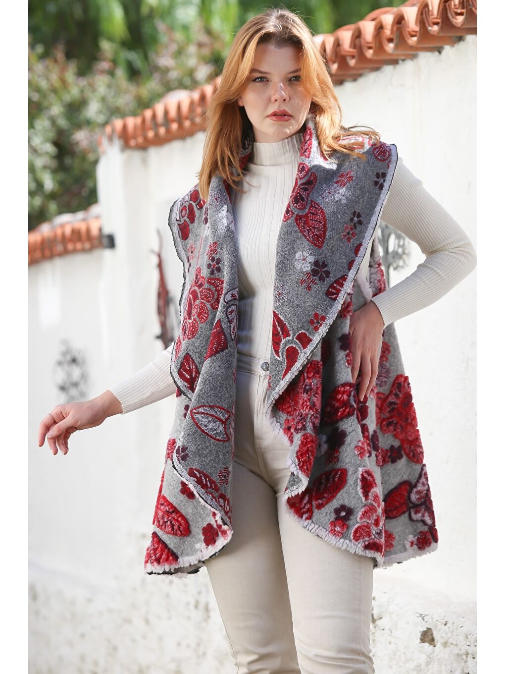 İtalyan Gri Şal Yaka Kolsuz Çiçekli Casual Keçe Kumaş Dokuma Yelek 87 66-4
