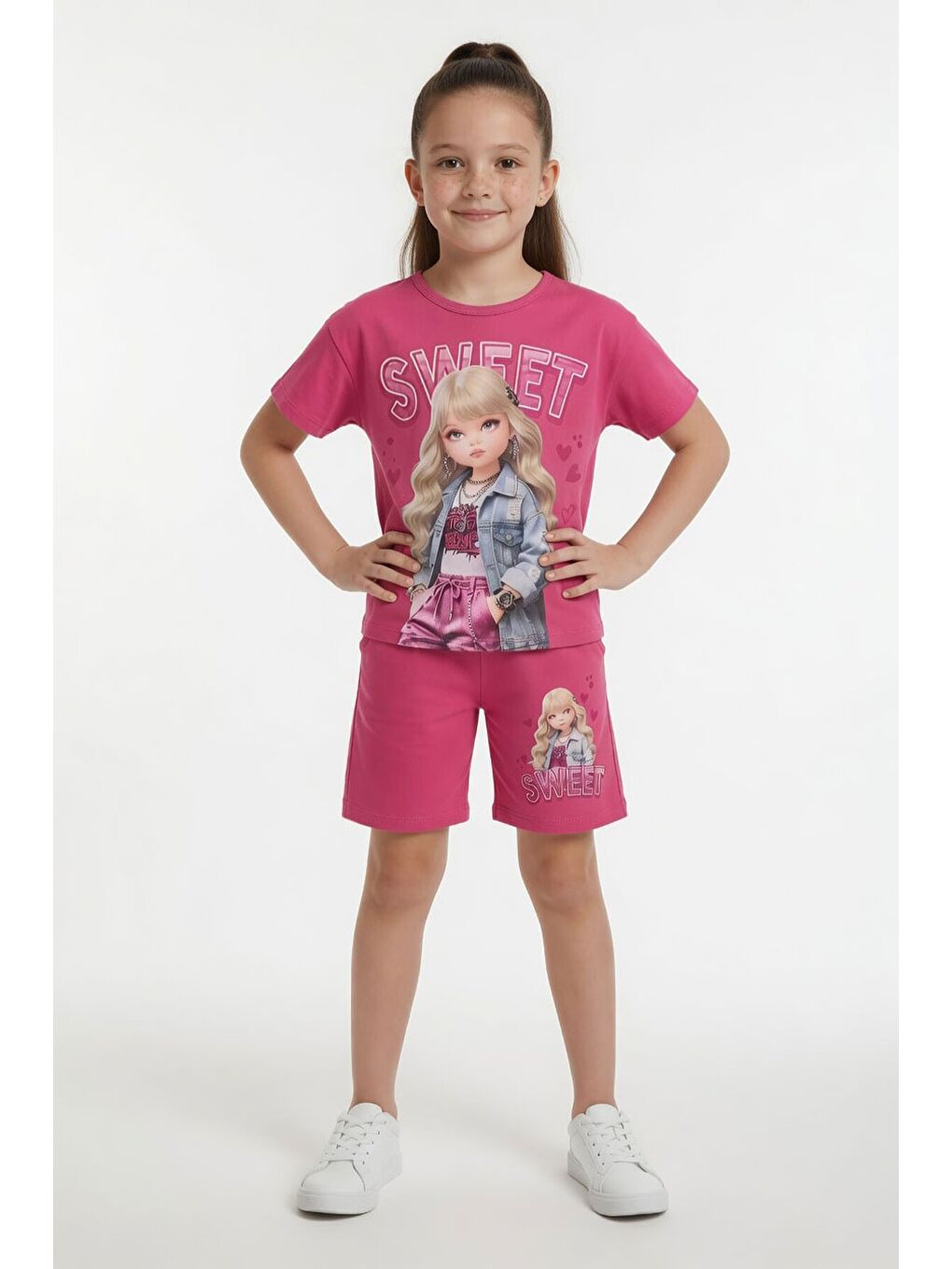 Pembe Sweet Yazılı Karakter Baskılı Kız Çocuk Şortlu 2li Takım 23993-1