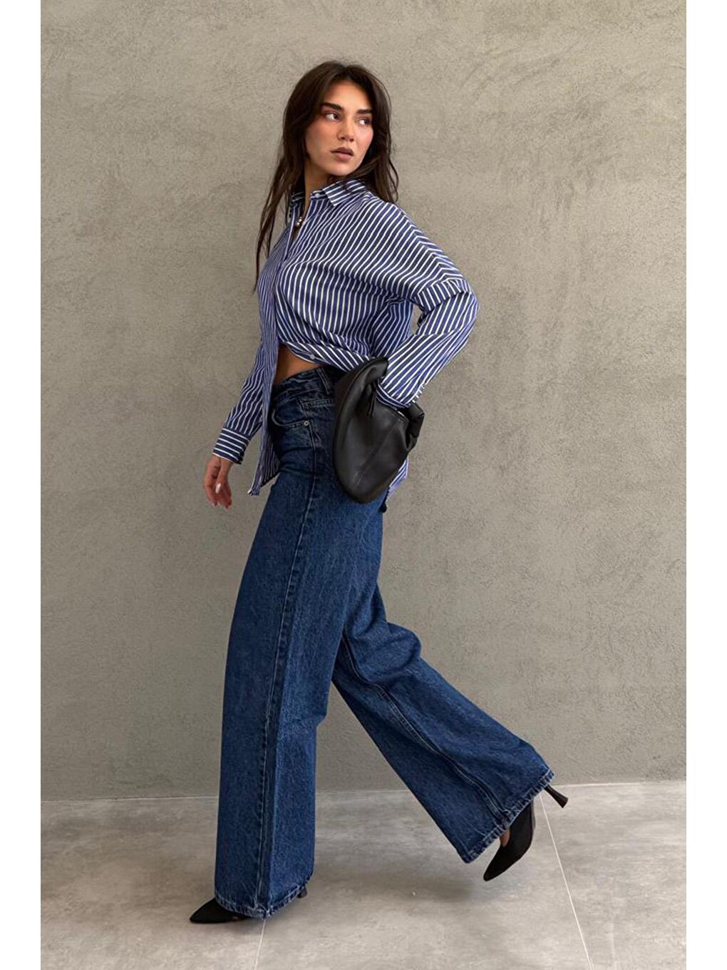 Lacivert Çizgili Kadın Gömlek Mg2410-1