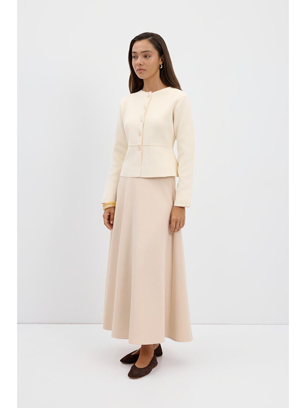 Bej Scuba Kumaş Kloş Etek Taş-2