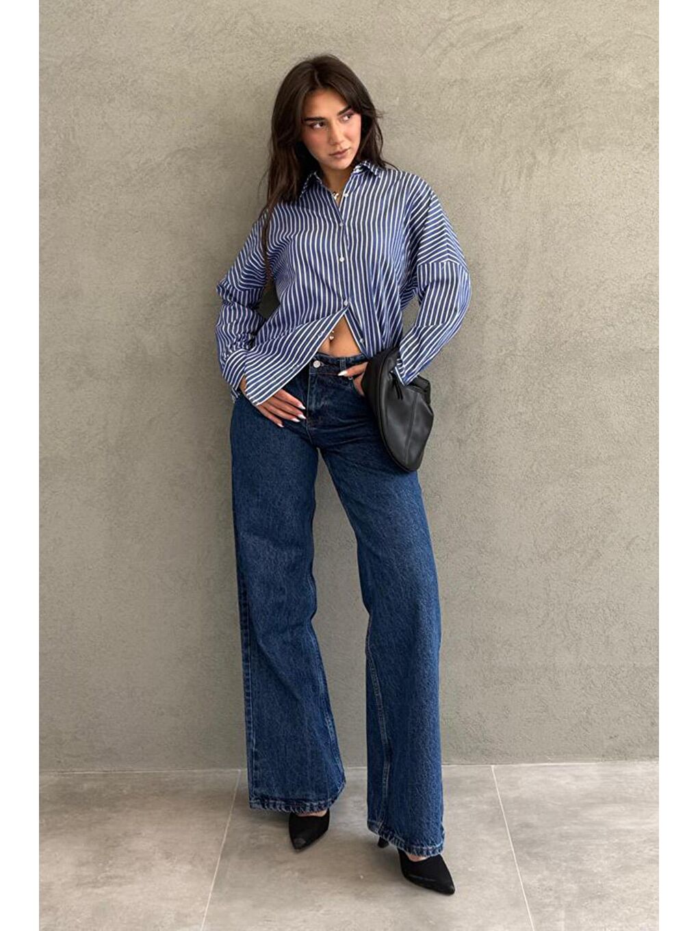 Lacivert Çizgili Kadın Gömlek Mg2410-2