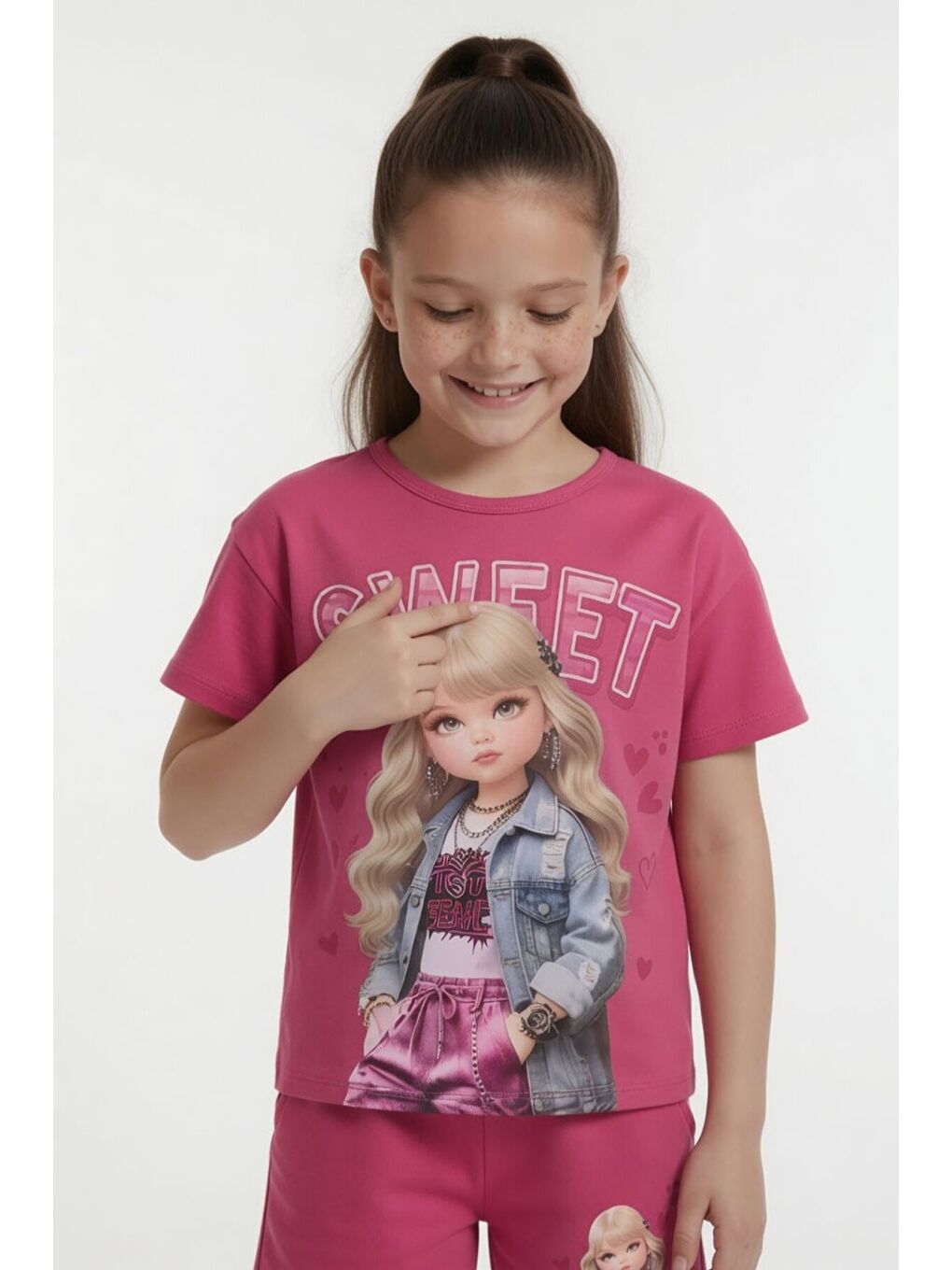 Pembe Sweet Yazılı Karakter Baskılı Kız Çocuk Şortlu 2li Takım 23993-2