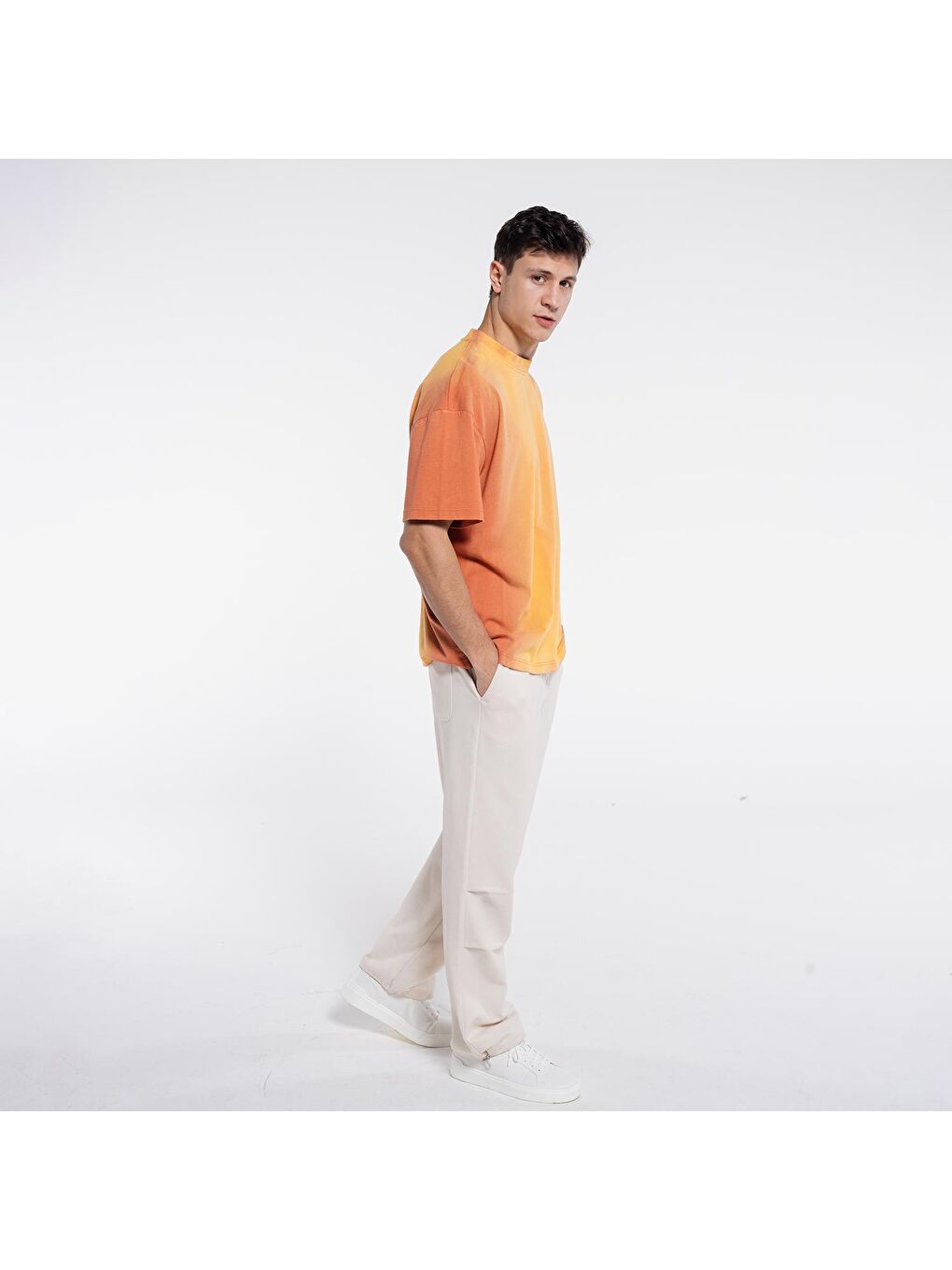 Seyu Erkek Turuncu %100 Pamuk Yıkamalı Ekstra Oversize Bisiklet Yaka Tişört-3