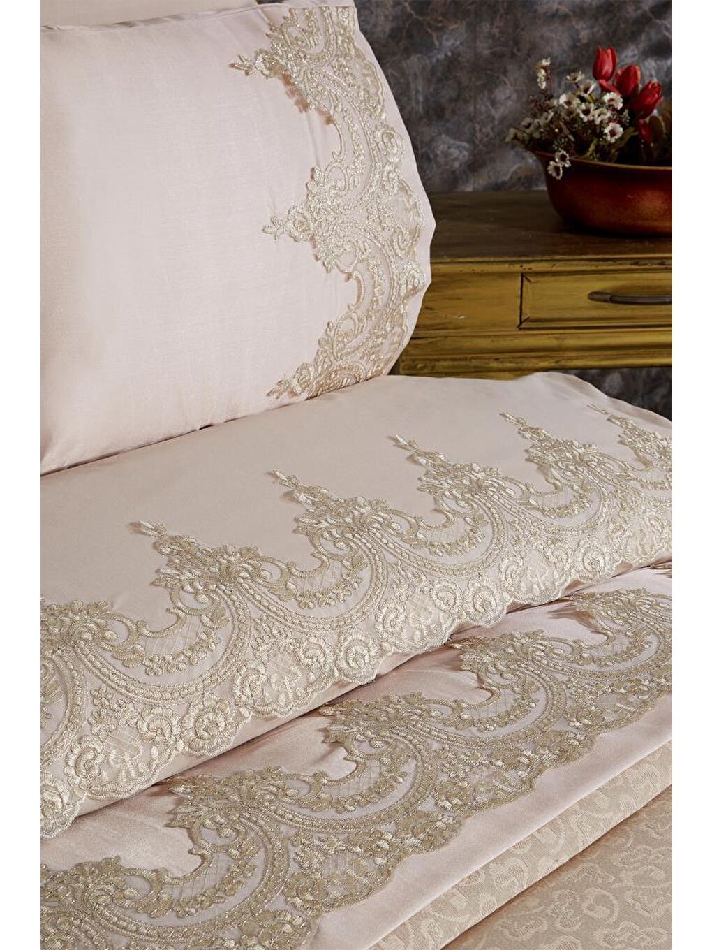 Çeyizdiyarı Fransız Güpürlü Diana Gelin Seti 7 Parça Bej-3