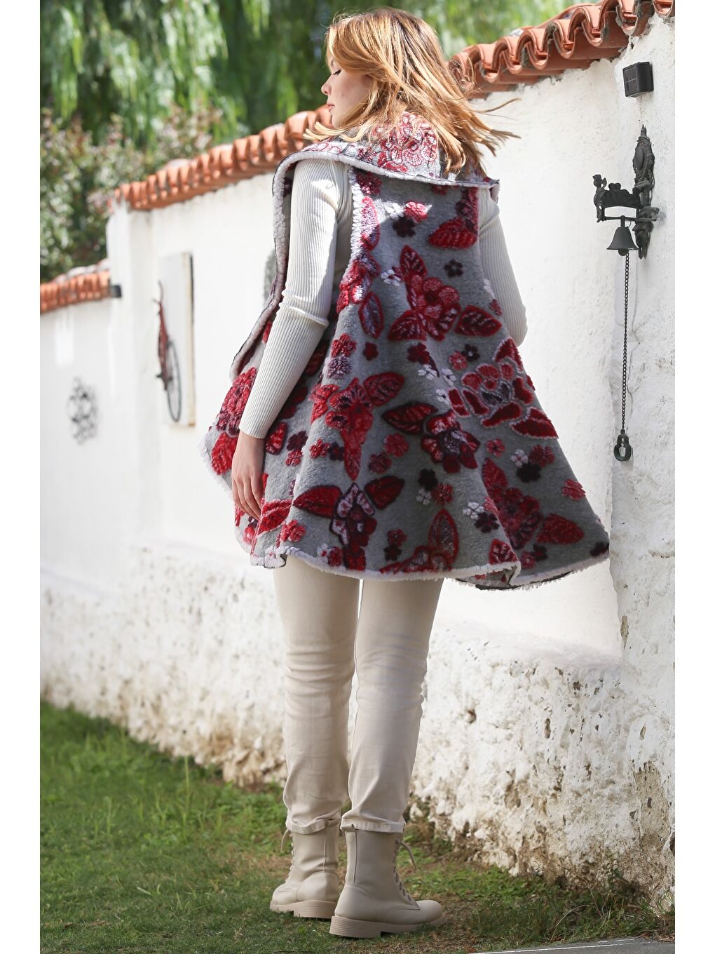 İtalyan Gri Şal Yaka Kolsuz Çiçekli Casual Keçe Kumaş Dokuma Yelek 87 66-7