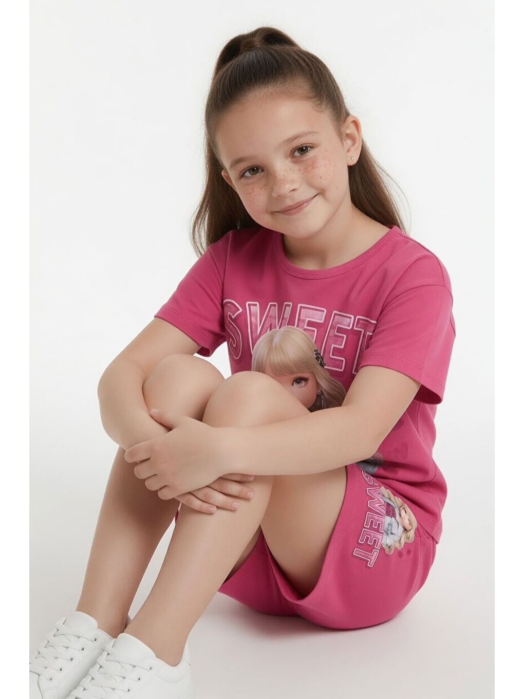 Pembe Sweet Yazılı Karakter Baskılı Kız Çocuk Şortlu 2li Takım 23993-3