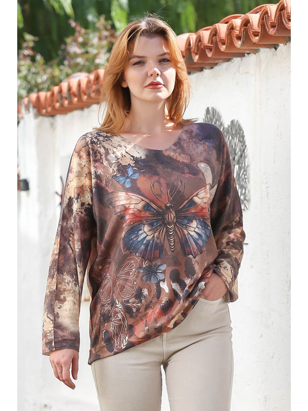 İtalyan Kahverengi Havuz Yaka Uzun Kol Dijital Baskılı Casual Angora Triko Bluz 75 65-1