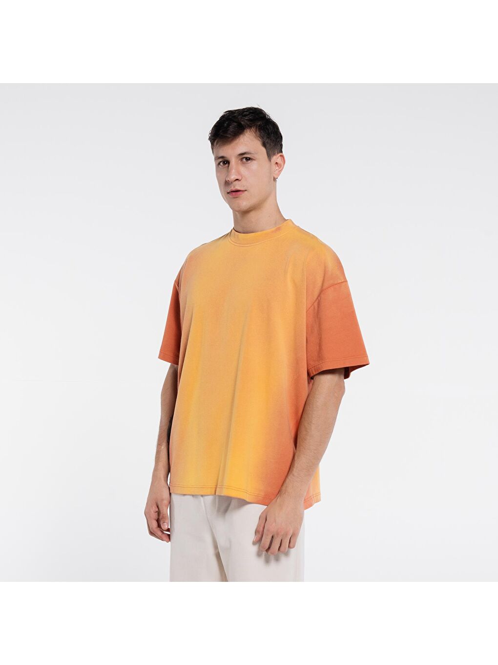 Seyu Erkek Turuncu %100 Pamuk Yıkamalı Ekstra Oversize Bisiklet Yaka Tişört-4