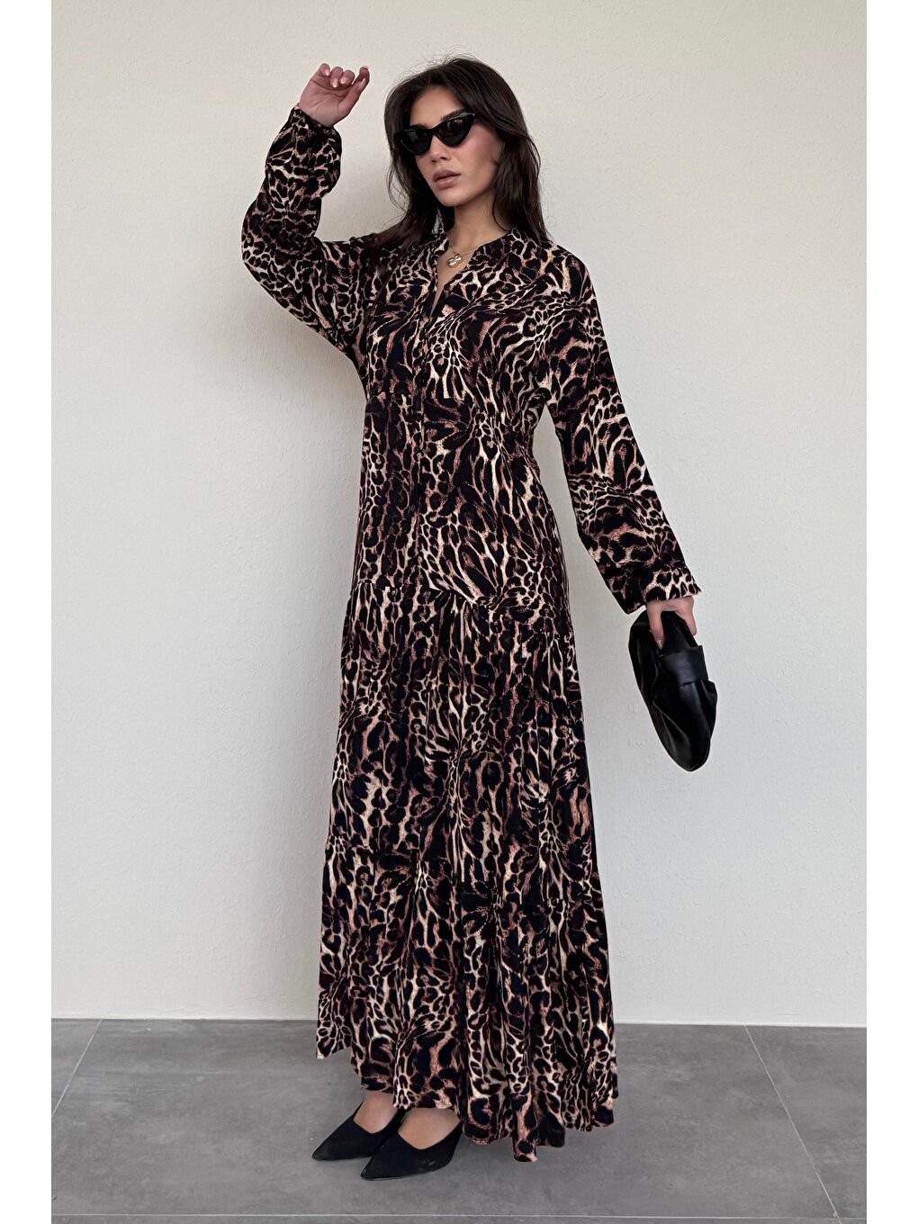 Siyah Leopar Desenli Düğmeli Kadın Elbise Mg2399-1