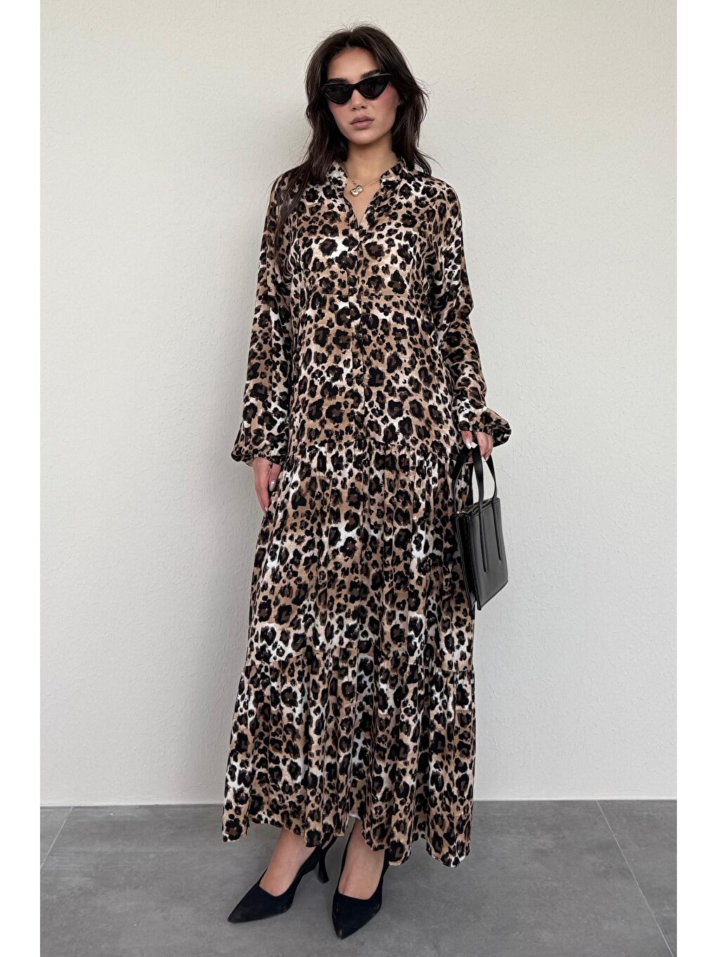 Kahverengi Leopar Desenli Düğmeli Kadın Elbise Mg2399