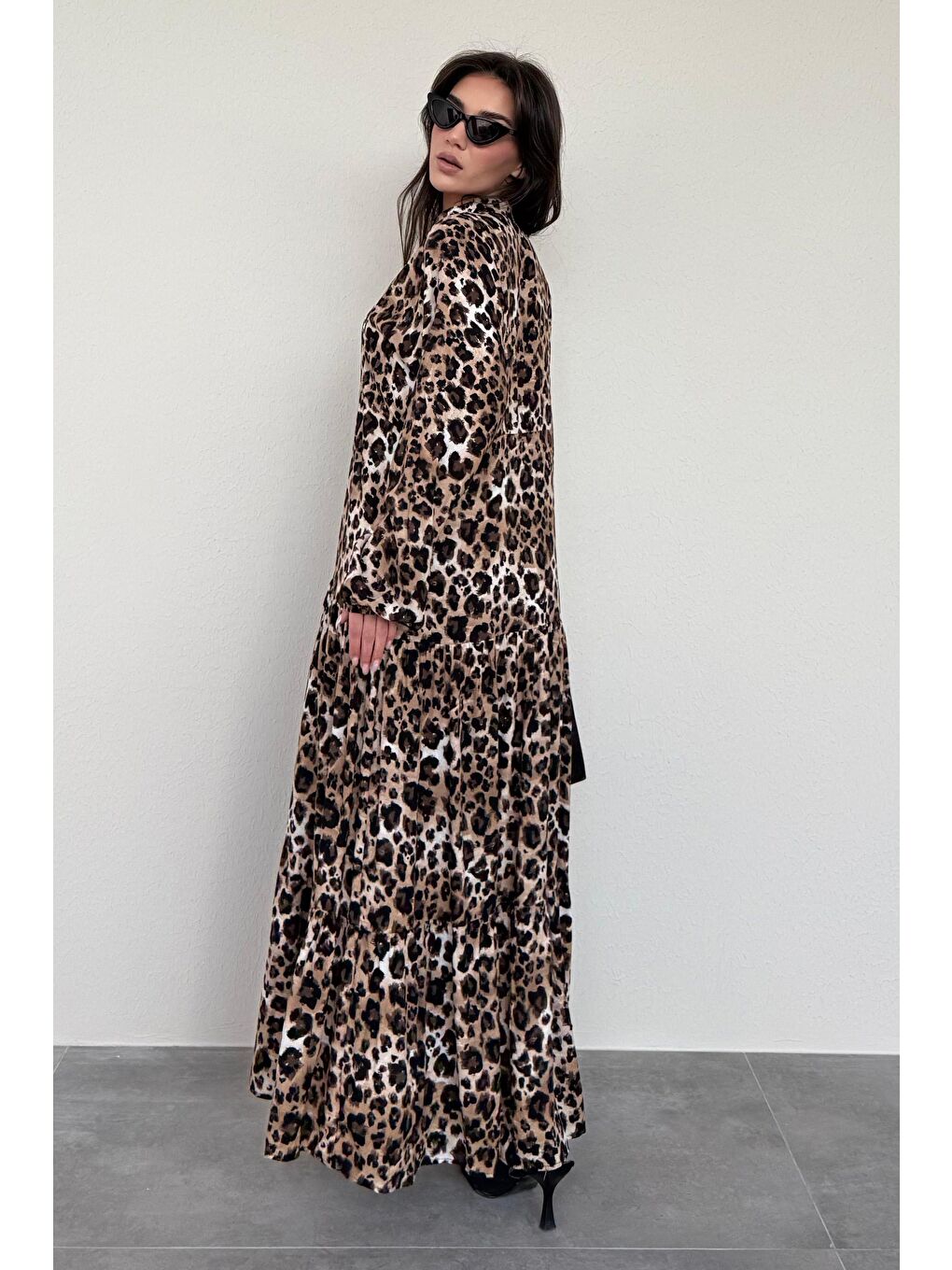 Kahverengi Leopar Desenli Düğmeli Kadın Elbise Mg2399-1