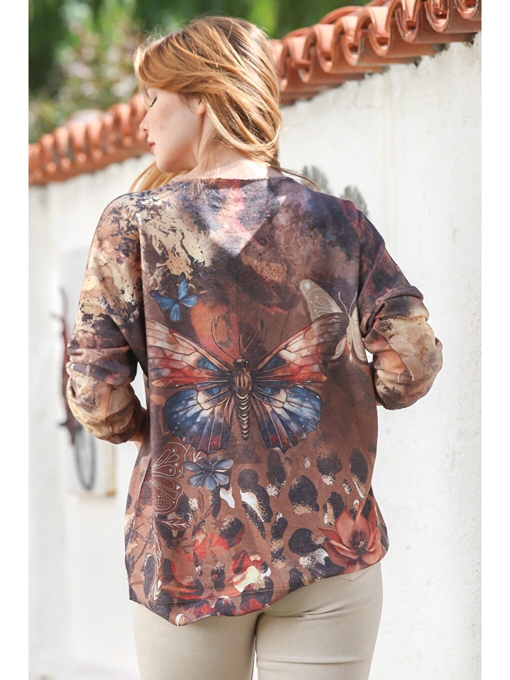 İtalyan Kahverengi Havuz Yaka Uzun Kol Dijital Baskılı Casual Angora Triko Bluz 75 65-5