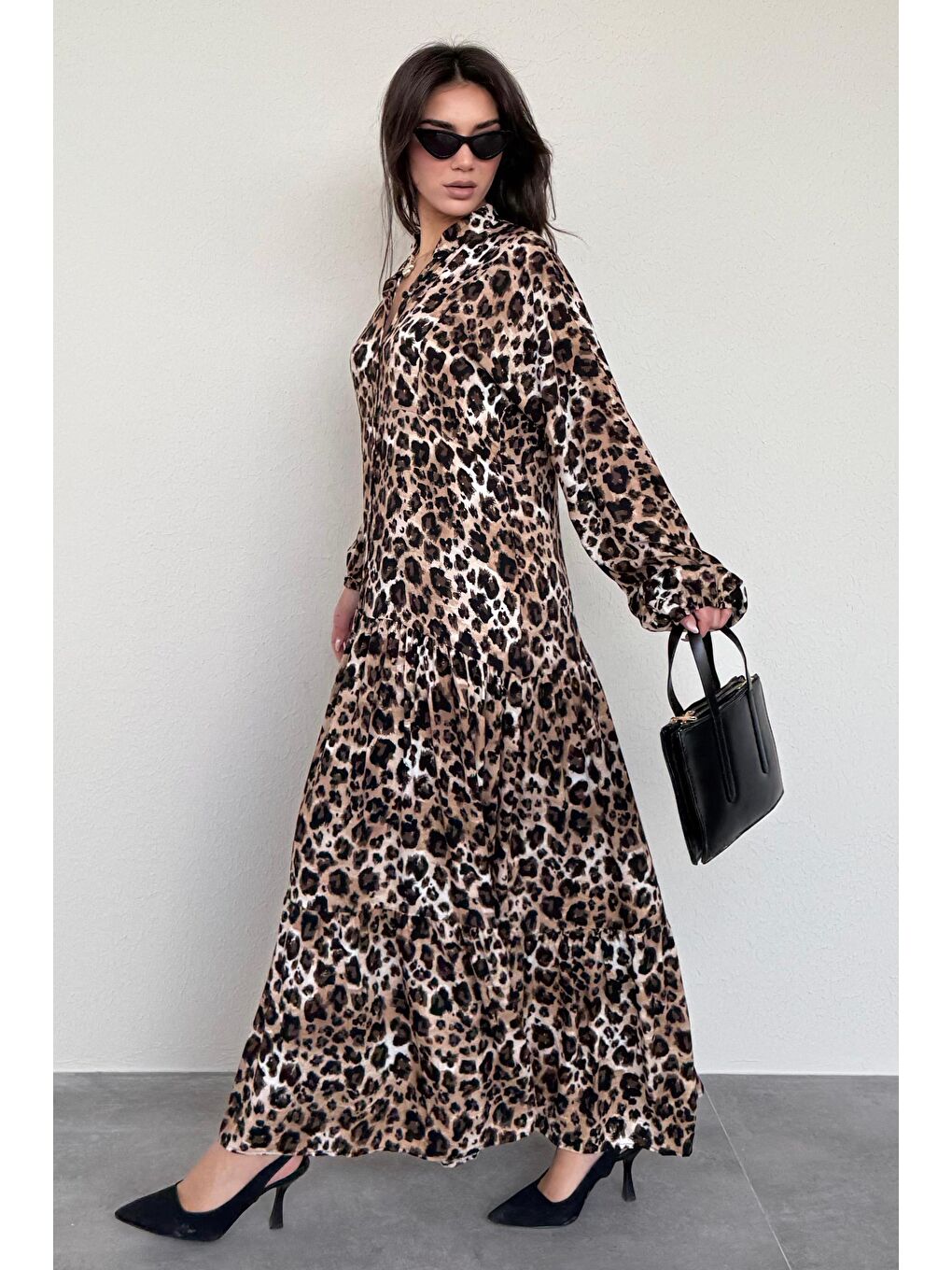 Kahverengi Leopar Desenli Düğmeli Kadın Elbise Mg2399-2