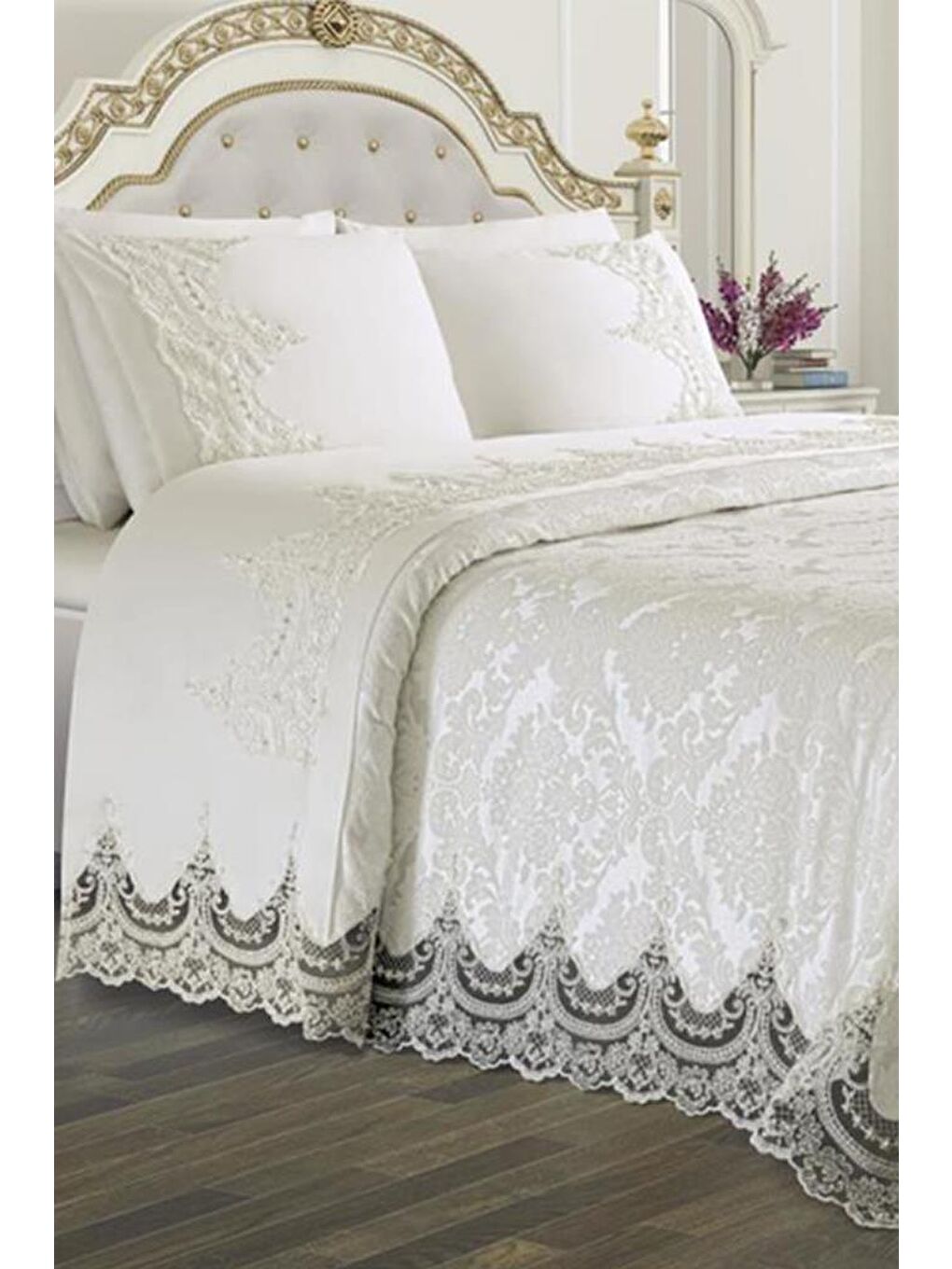 Ekru Fransız Güpürlü Çeyizlik Gelin Seti Arus 7 Parça Krem-1