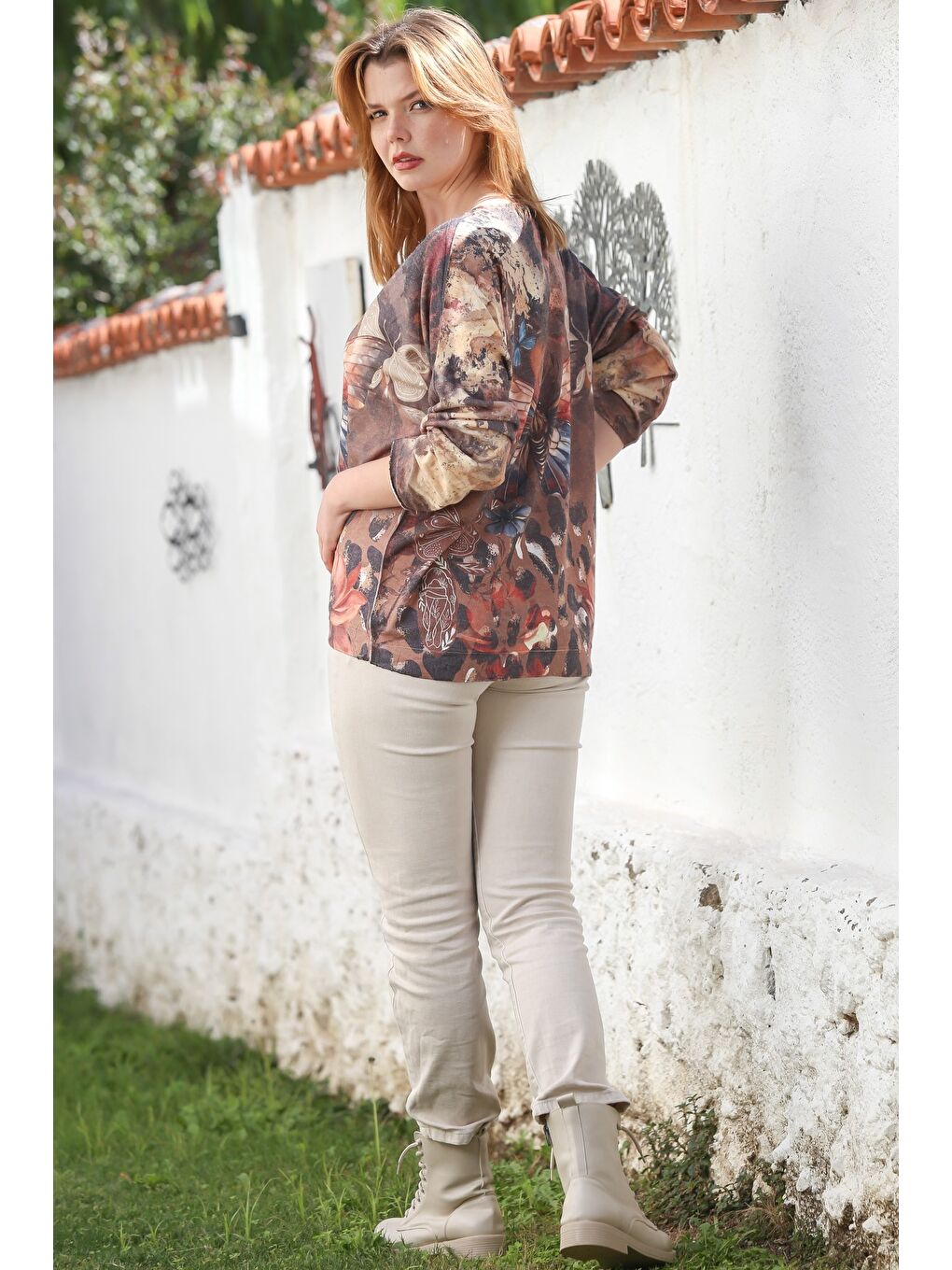 İtalyan Kahverengi Havuz Yaka Uzun Kol Dijital Baskılı Casual Angora Triko Bluz 75 65-7