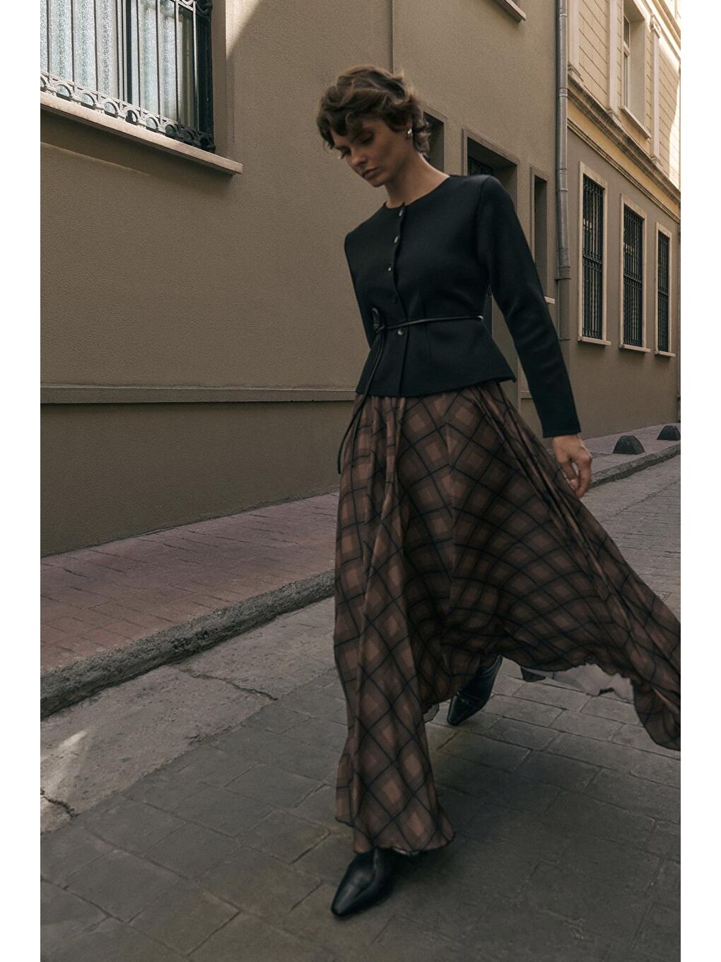 Kahverengi Ekose Desenli Uzun Kloş Etek Kahve-2