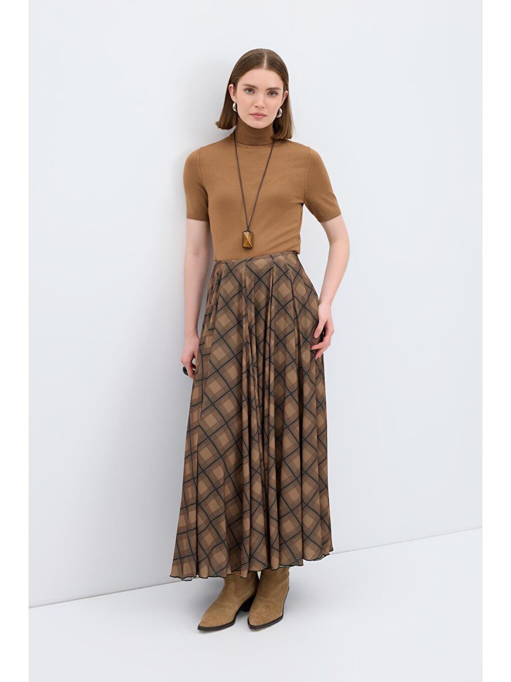 Kahverengi Ekose Desenli Uzun Kloş Etek Kahve-4