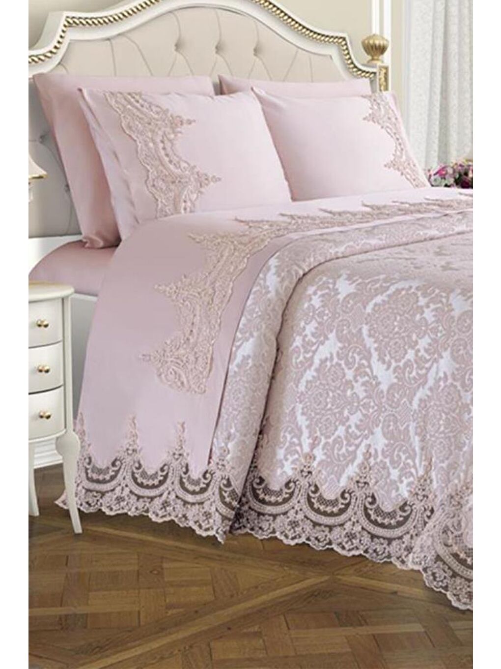 Karışık Fransız Güpürlü Çeyizlik Gelin Seti Arus 7 Parça Pudra-1