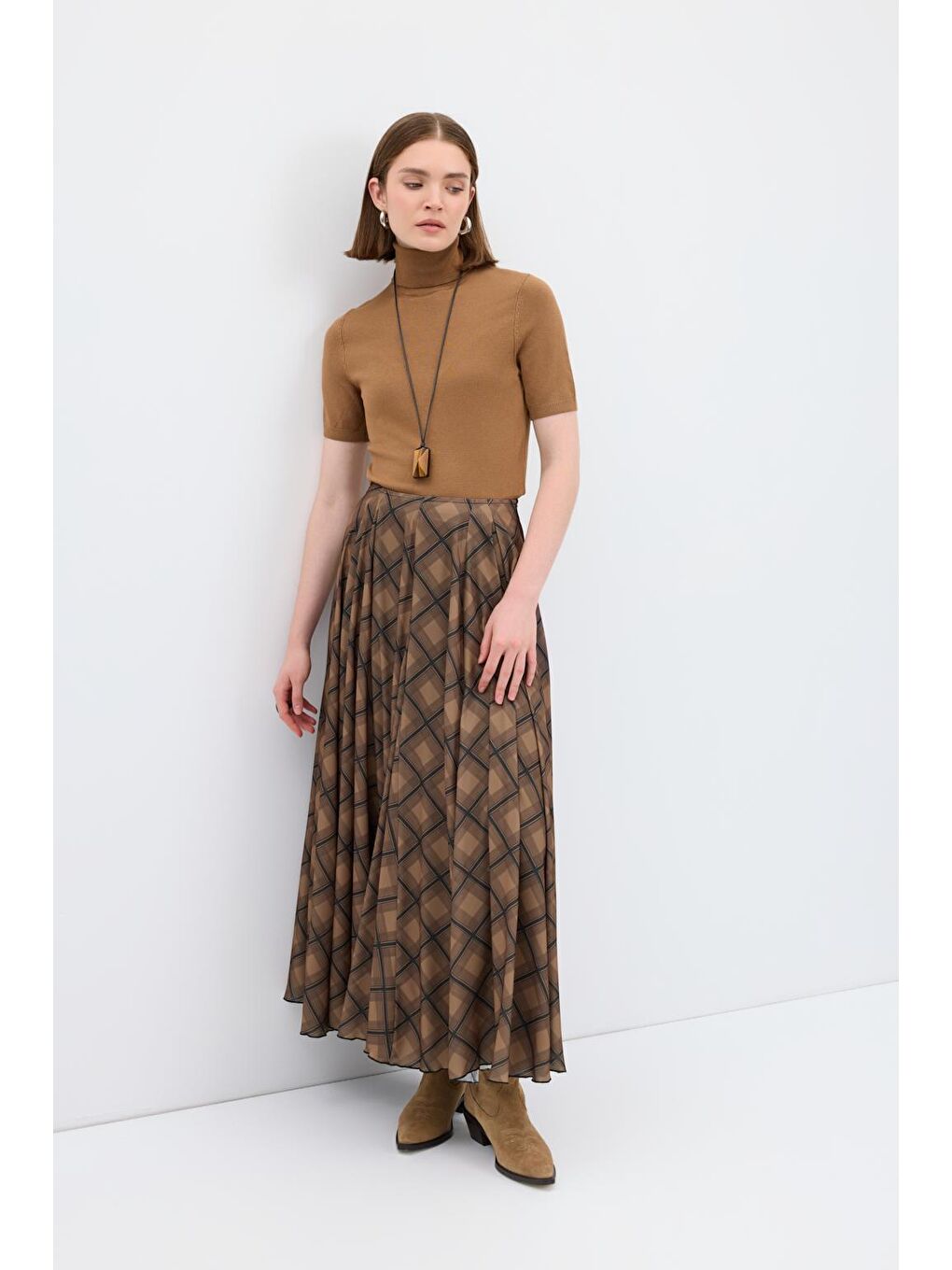 Kahverengi Ekose Desenli Uzun Kloş Etek Kahve-5