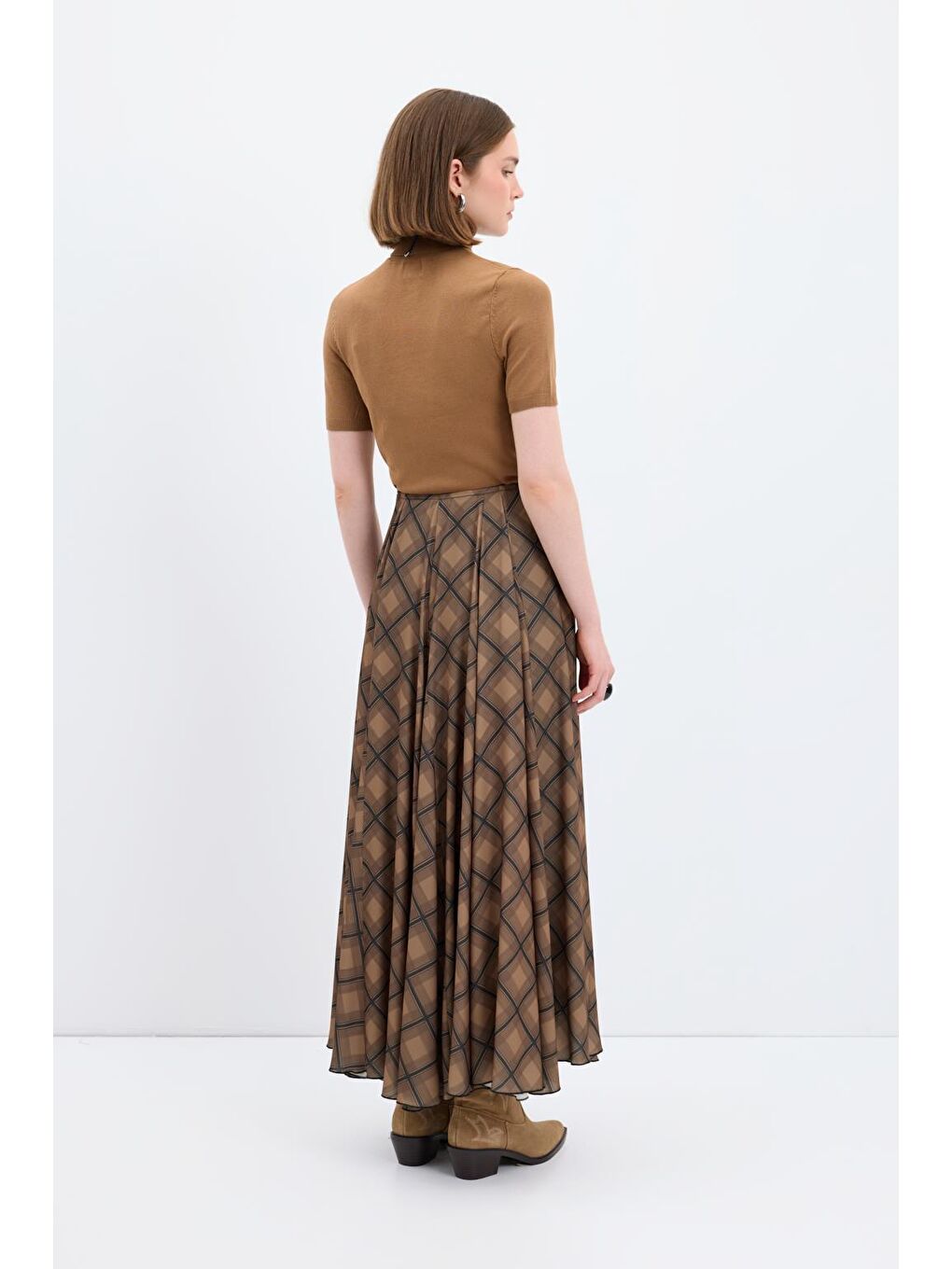 Kahverengi Ekose Desenli Uzun Kloş Etek Kahve-6