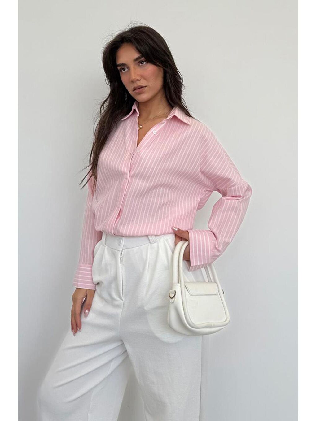 Pembe Çizgili Kadın Gömlek Mg2410