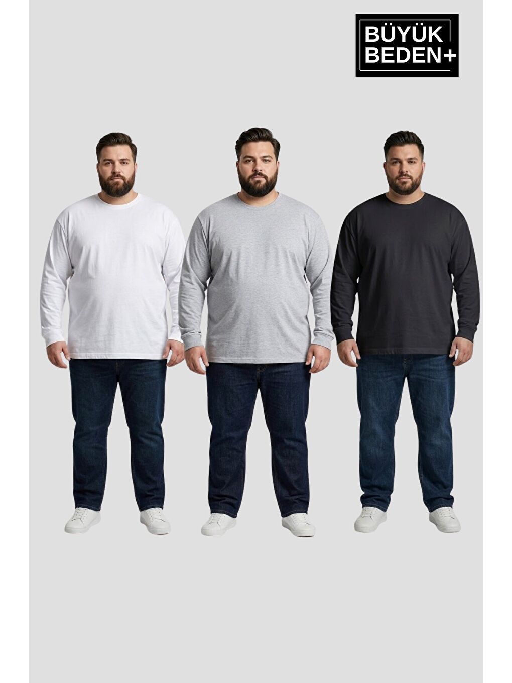 Beyaz Erkek Büyük Beden 3'lü Set Uzun Kollu 2 İplik Bisiklet Yaka Tişört SPR26BTS942+3