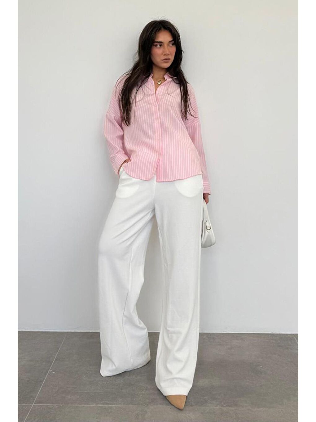 Pembe Çizgili Kadın Gömlek Mg2410-1