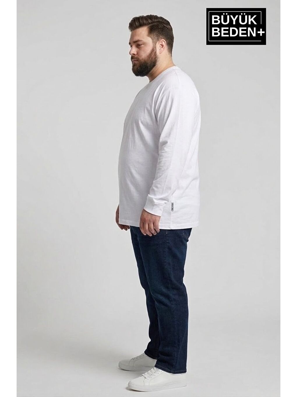 Beyaz Erkek Büyük Beden 3'lü Set Uzun Kollu 2 İplik Bisiklet Yaka Tişört SPR26BTS942+3-1