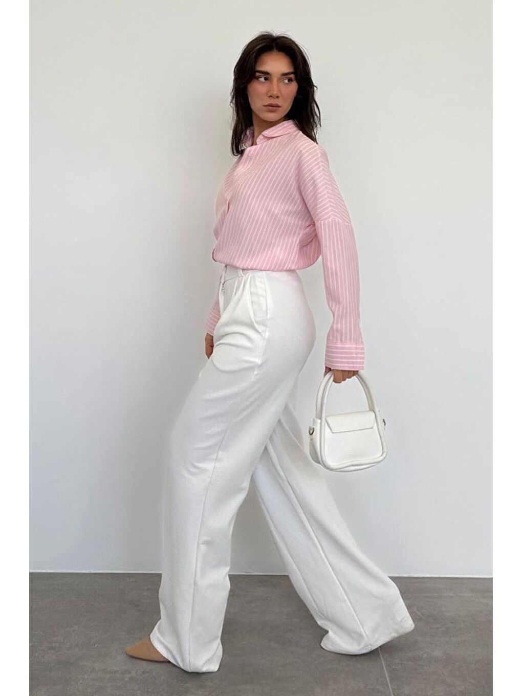 Pembe Çizgili Kadın Gömlek Mg2410-2