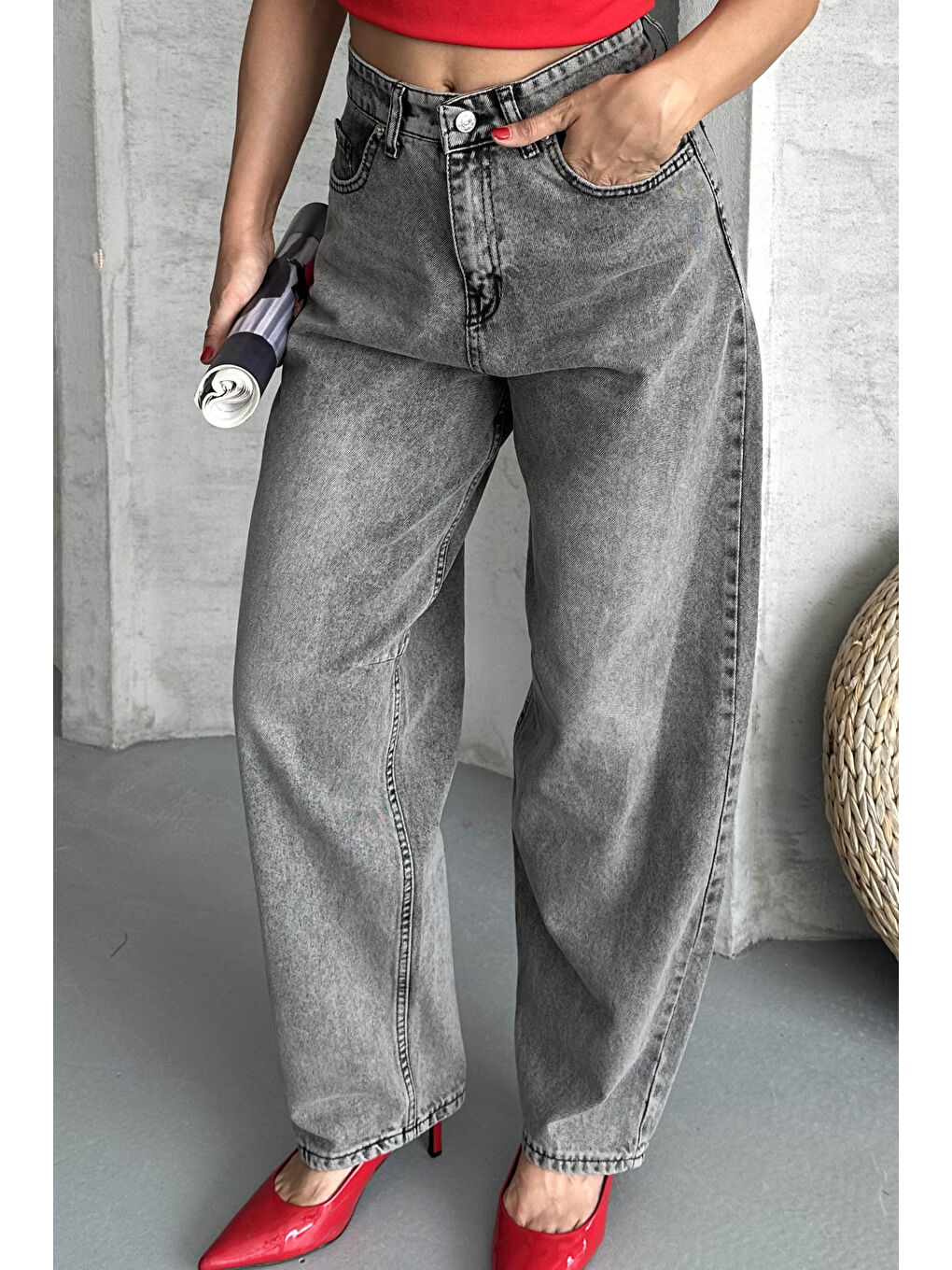 Gri Tokalı Baggy Jean Pantolon Füme - 27297