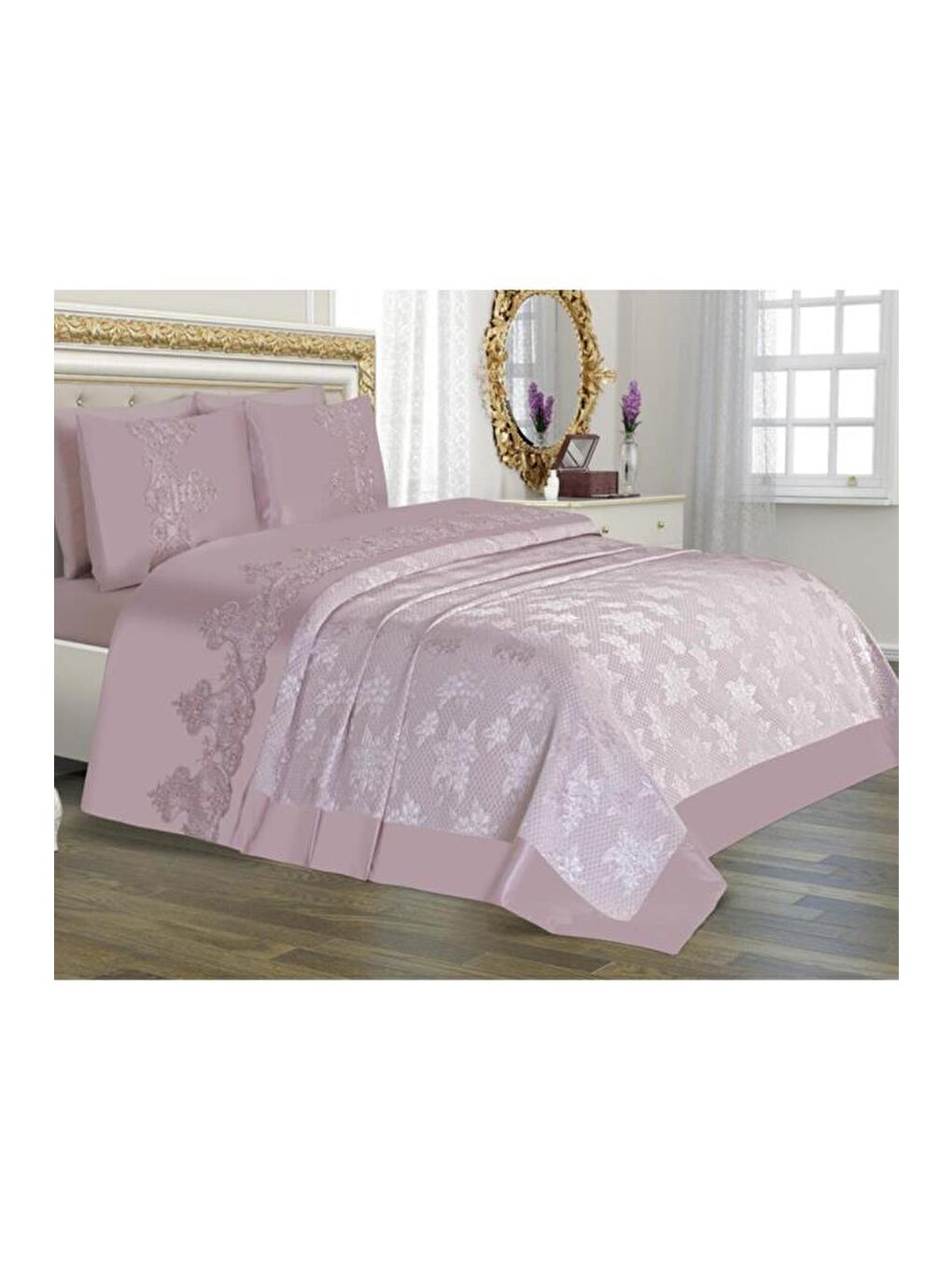 Pembe Çeyizlik Pike Seti Dubai Sade 3 Parça Pudra-2