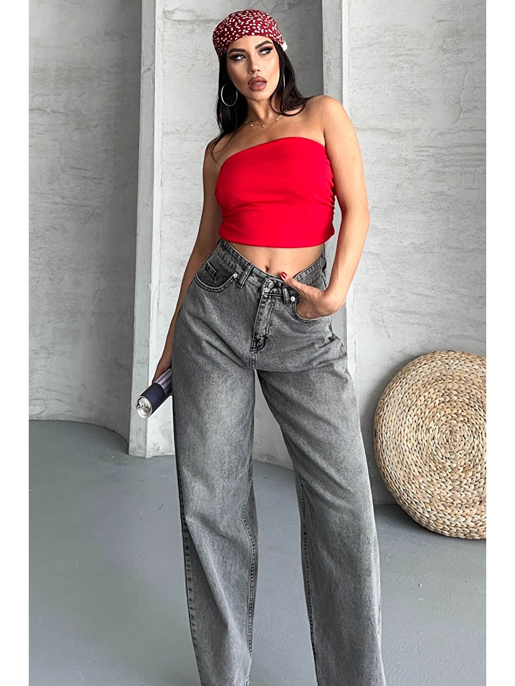 Gri Tokalı Baggy Jean Pantolon Füme - 27297-1