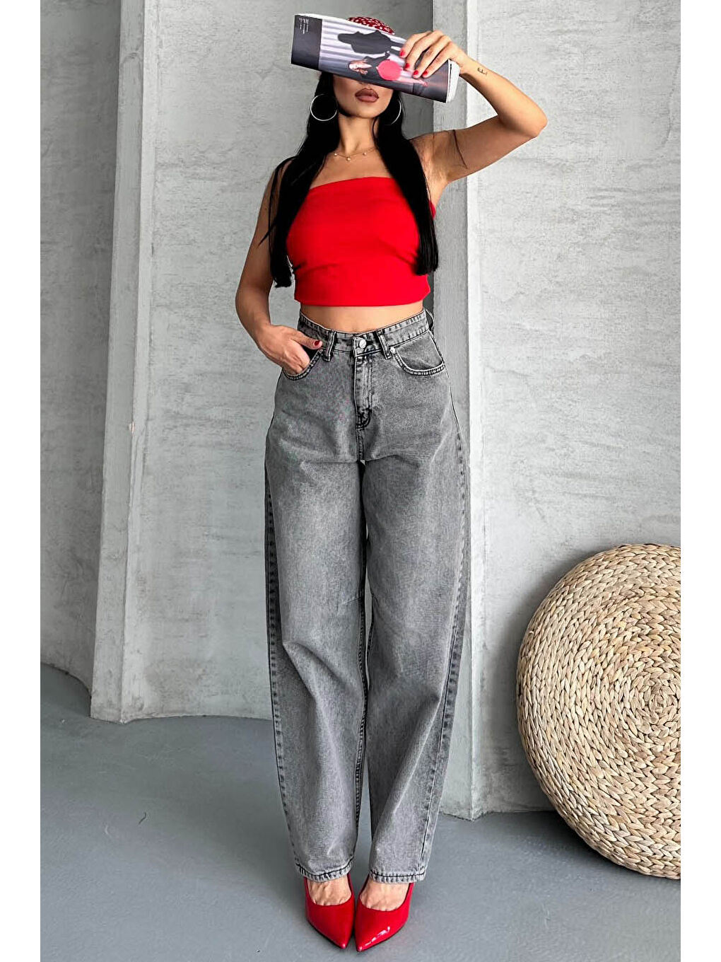 Gri Tokalı Baggy Jean Pantolon Füme - 27297-2