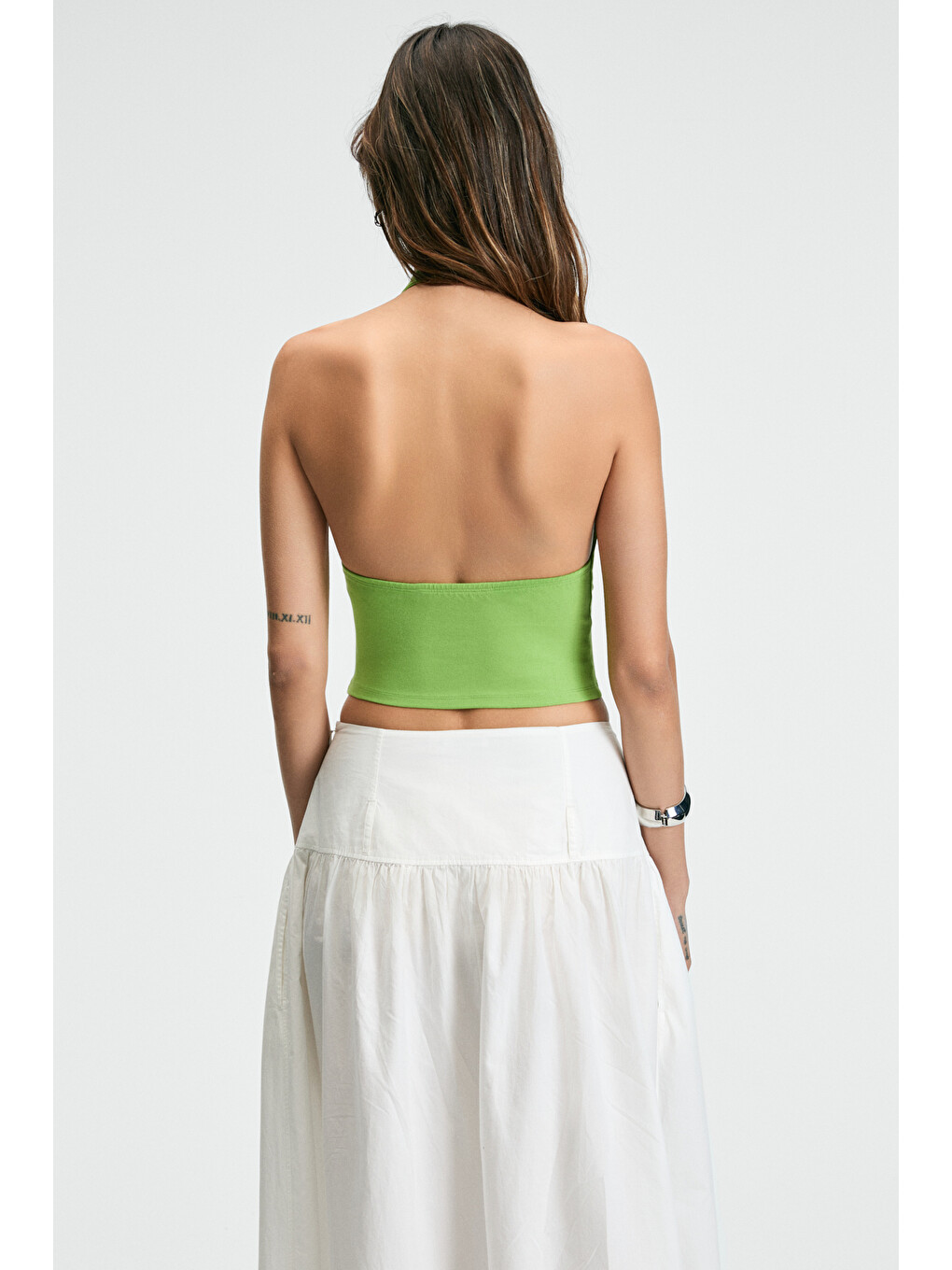 Neslıva Kadın Degaje Halter Yaka Kalın Askılı Sırtı Açık Crop Yeşil Bluz-4