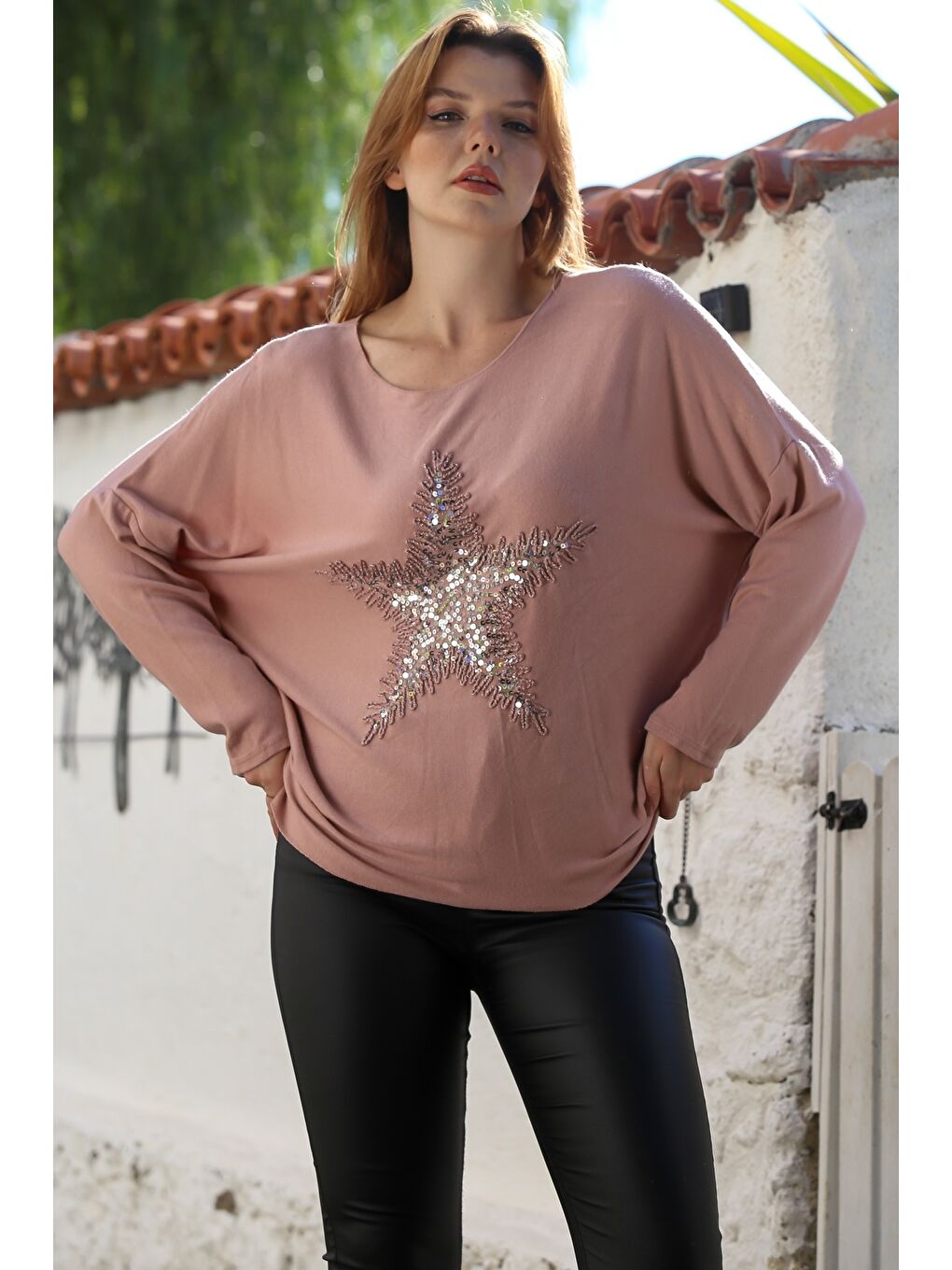 Pembe İtalyan Pudra Havuz Yaka Uzun Kol Yıldız Aplikeli Casual Yumoş Triko Bluz 72 65