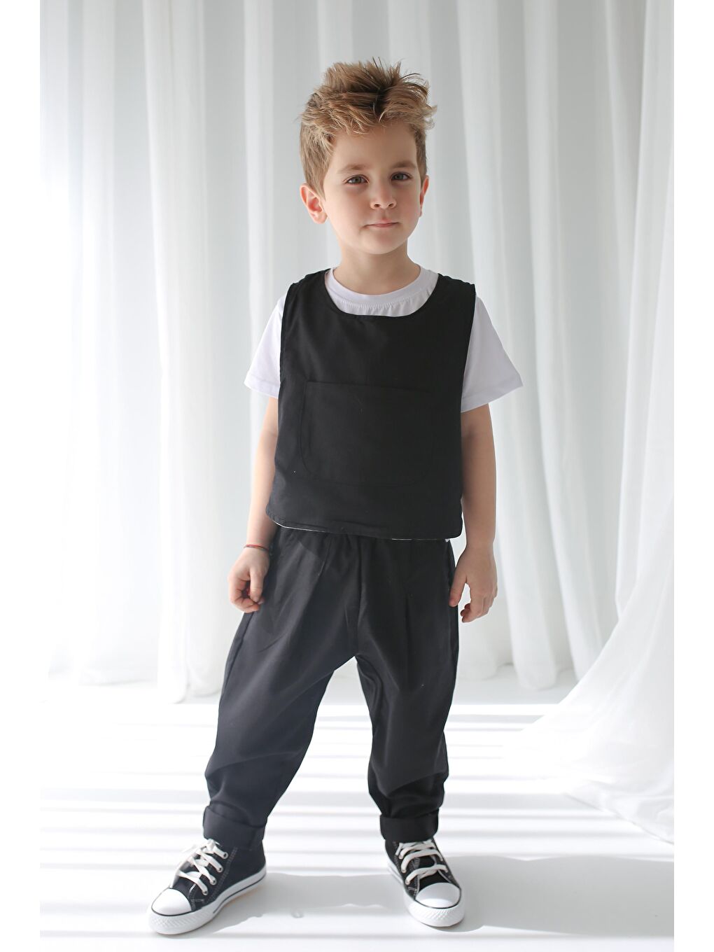 Catz Kids Gri-Siyah Siyah Keten Carrot Pantolon + Gri+Siyah Çift Taraflı Yelek - 3