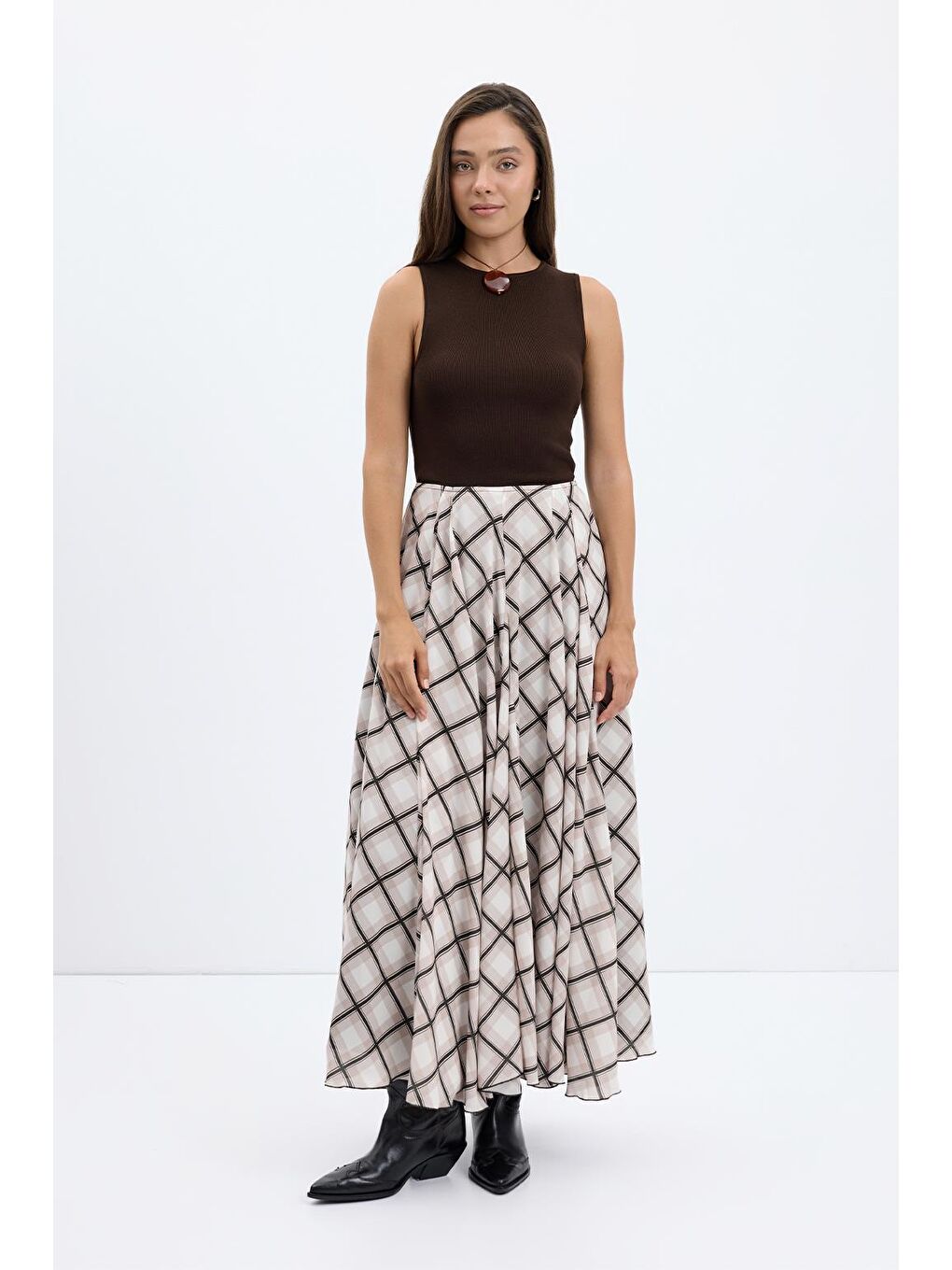 Bej Ekose Desenli Uzun Kloş Etek Vizon