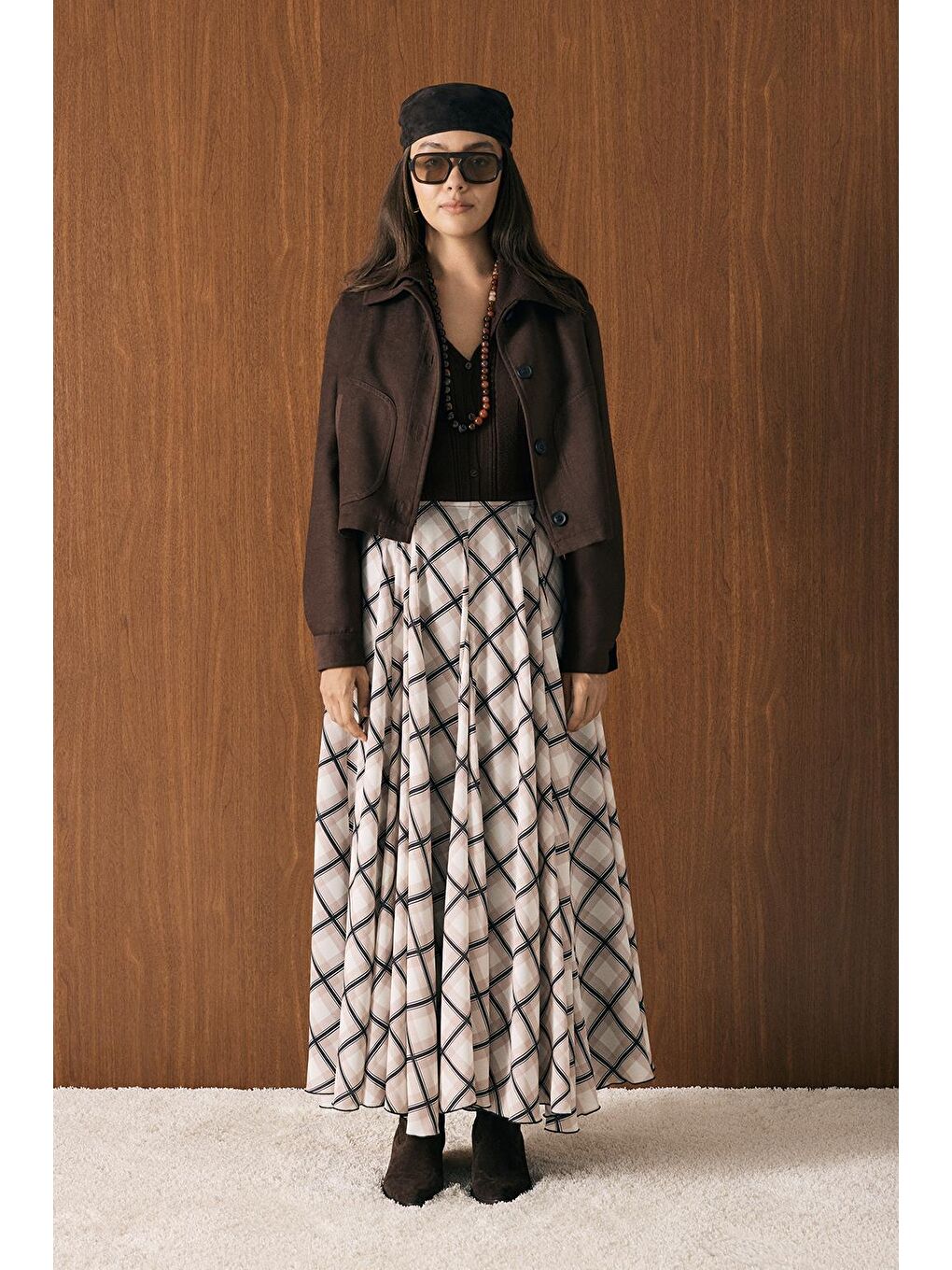 Bej Ekose Desenli Uzun Kloş Etek Vizon-1
