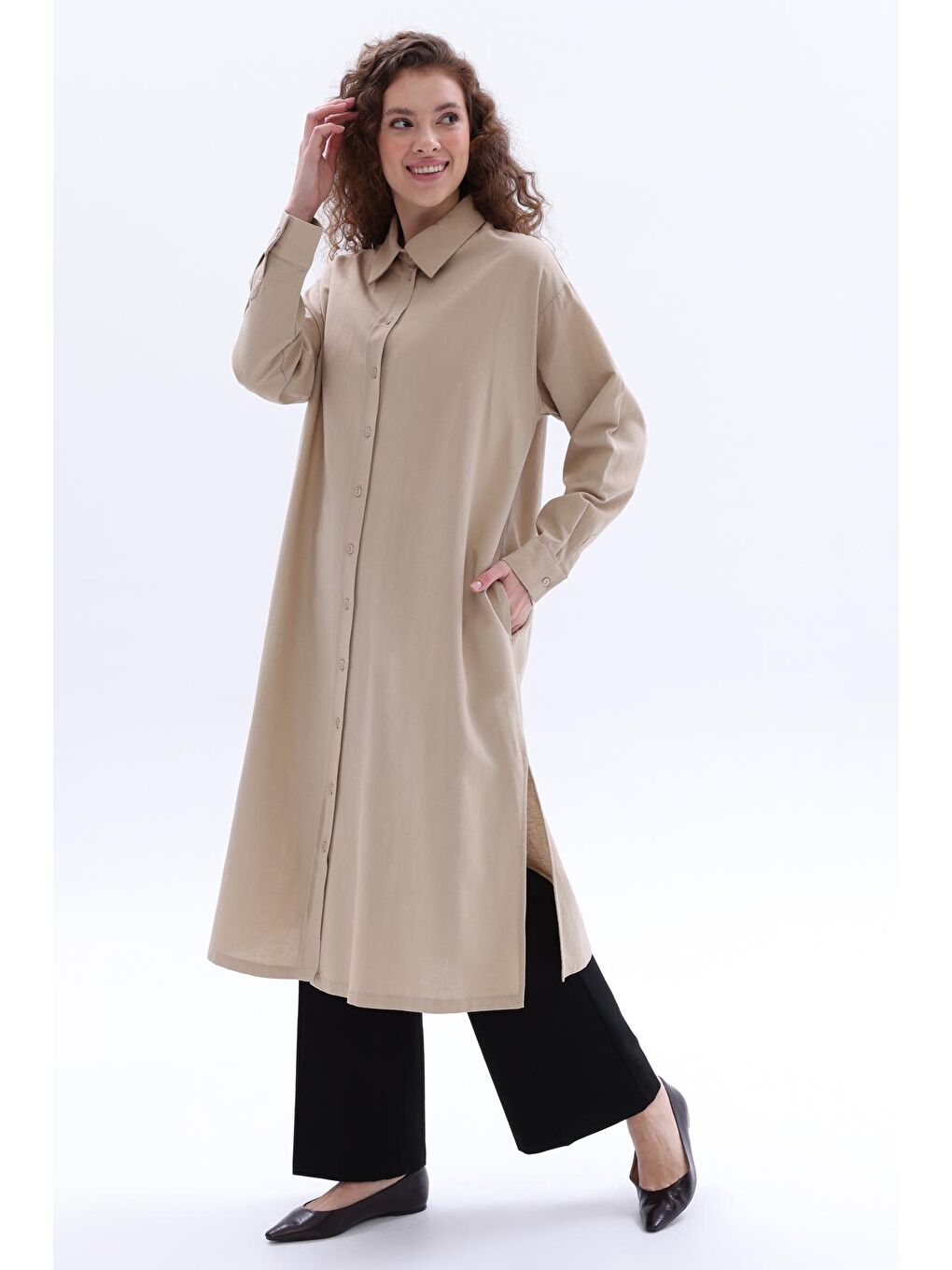 Bej Yanları Yırtmaçlı Cepli Keten Gömlek Tunik