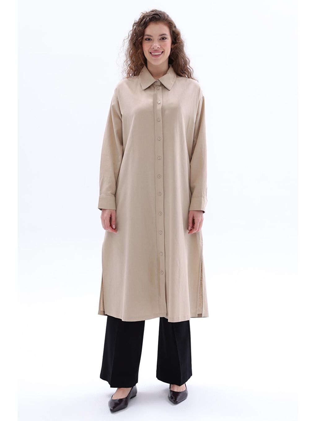 Bej Yanları Yırtmaçlı Cepli Keten Gömlek Tunik-1