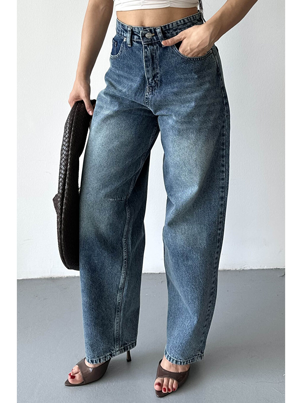 Tokalı Baggy Jean Pantolon Yeşil Tint Yikama - 27297