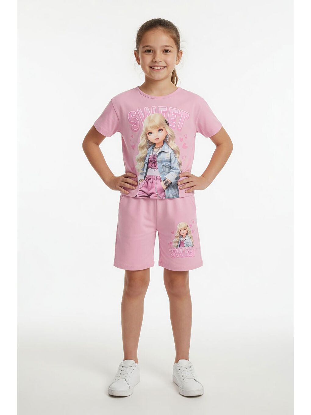Pembe Pudra Sweet Yazılı Karakter Baskılı Kız Çocuk Şortlu 2li Takım 23996-1