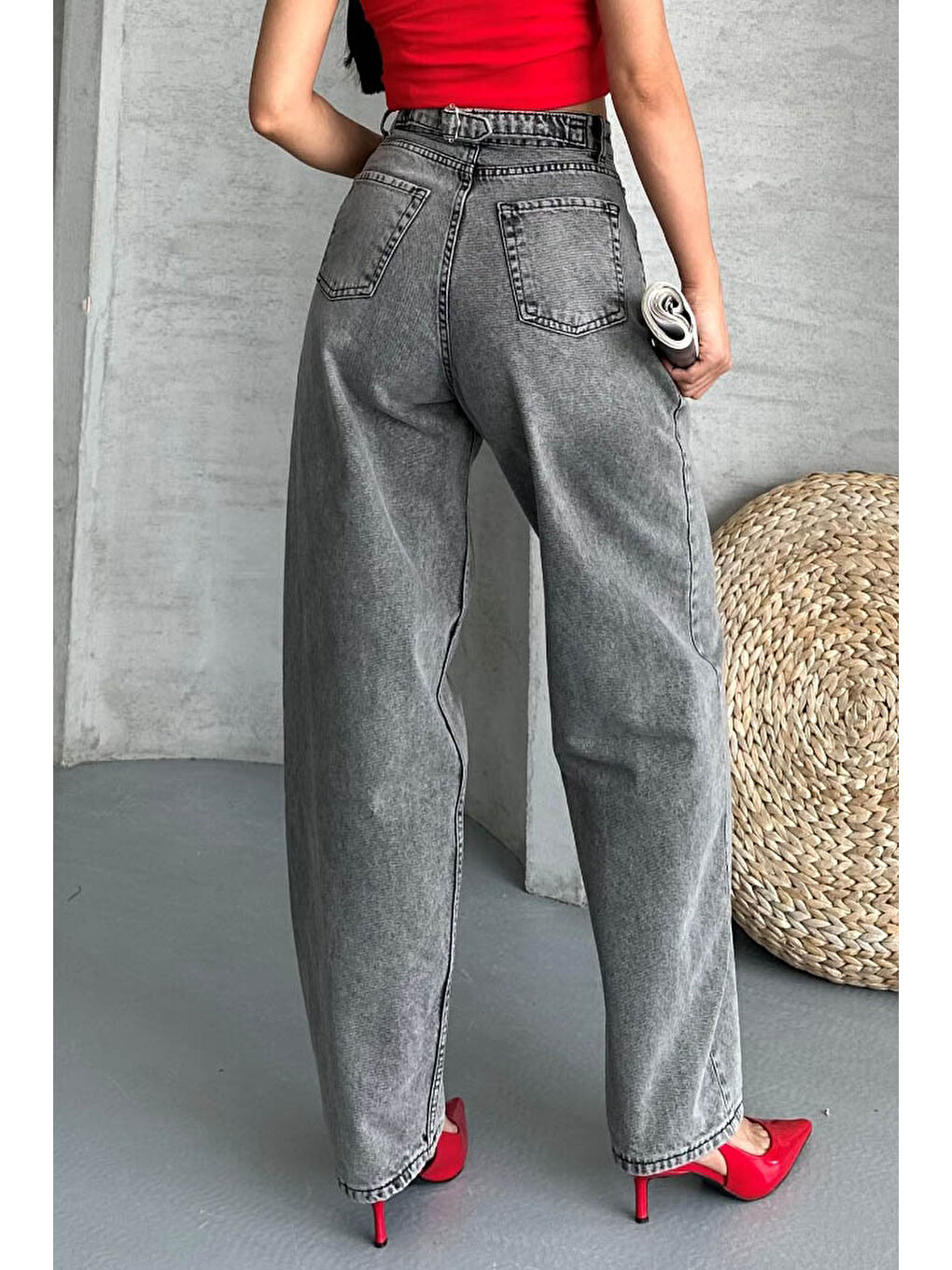 Gri Tokalı Baggy Jean Pantolon Füme - 27297-4