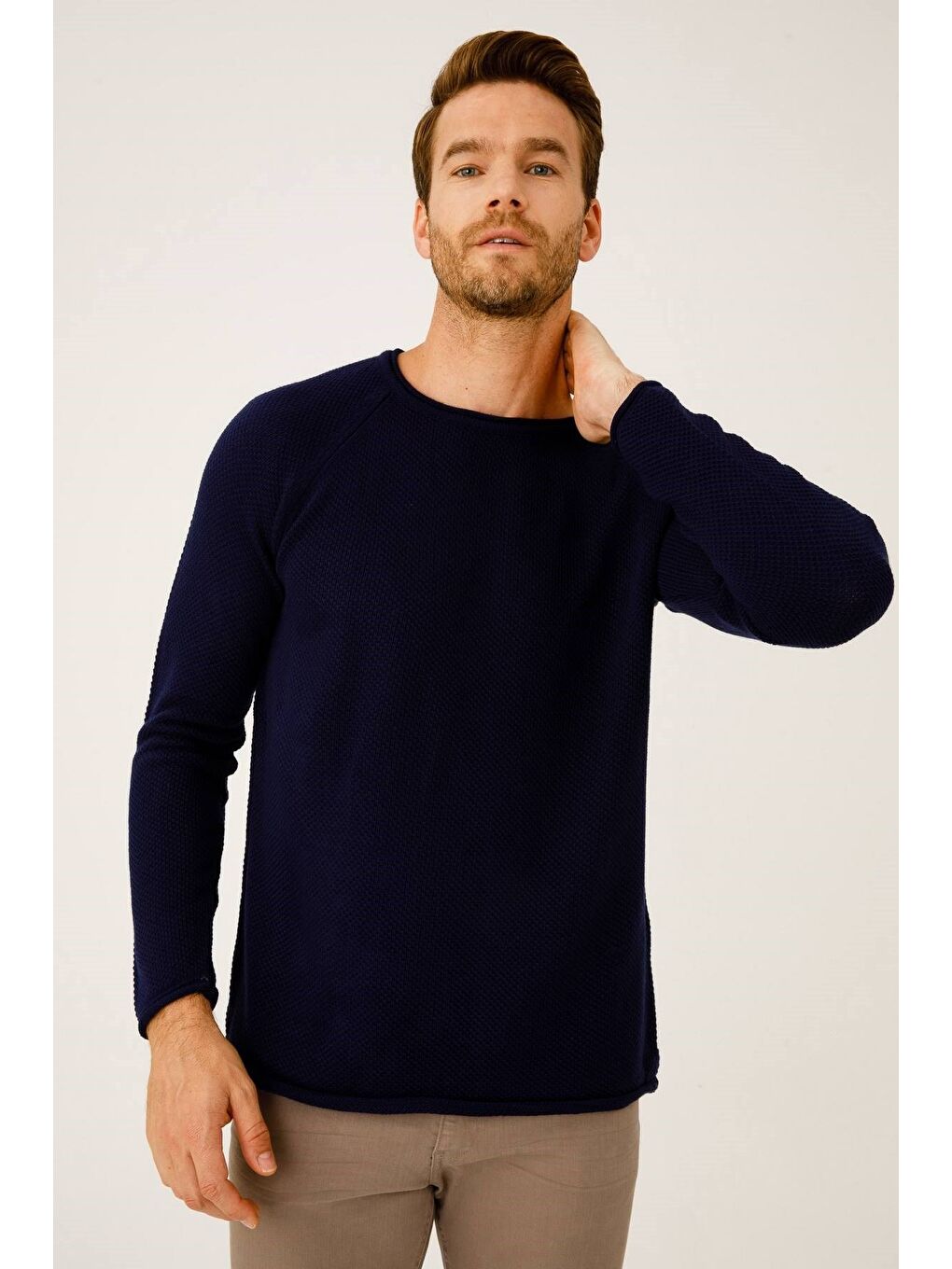 Lacivert Rahat Kalıp Bisiklet Yaka Düz Uzun Kollu Triko-1