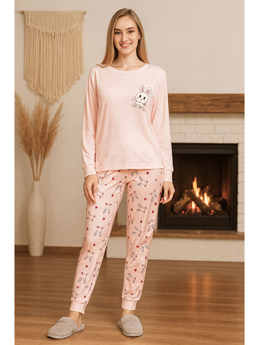 Pembe Kadın Tavşan Desen Yumuşak Doku Marla Pijama Takımı 0479 Somon02