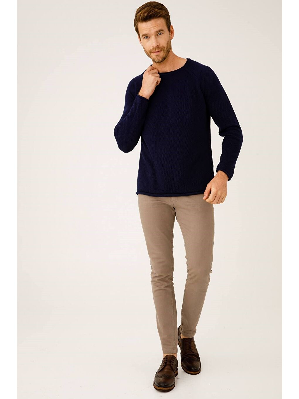 Lacivert Rahat Kalıp Bisiklet Yaka Düz Uzun Kollu Triko-2